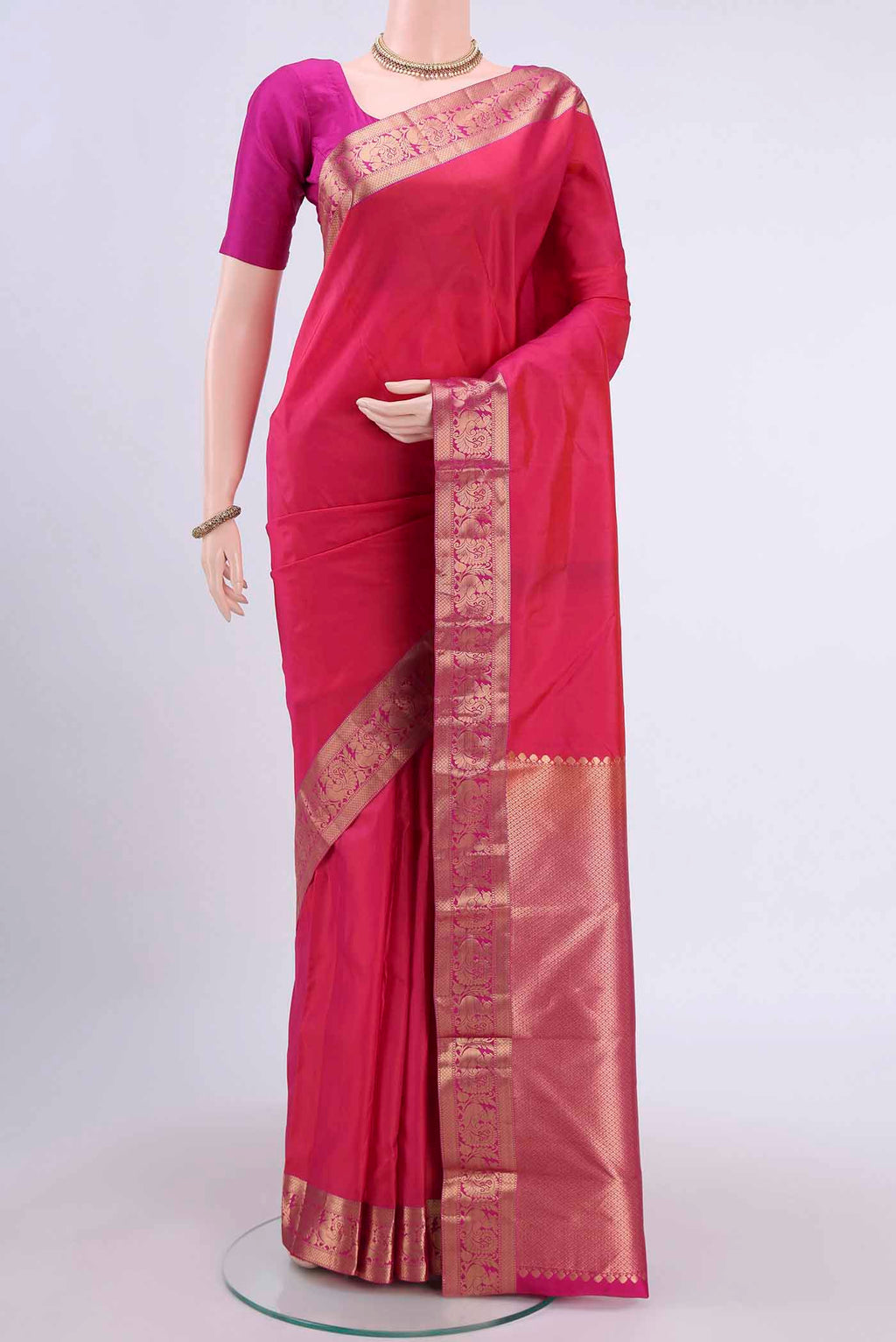 Dark Pink Dual Tone Nangavalli Silk [ Salem ] Saree with Plain Body and Zari Border displayed on a mannequin