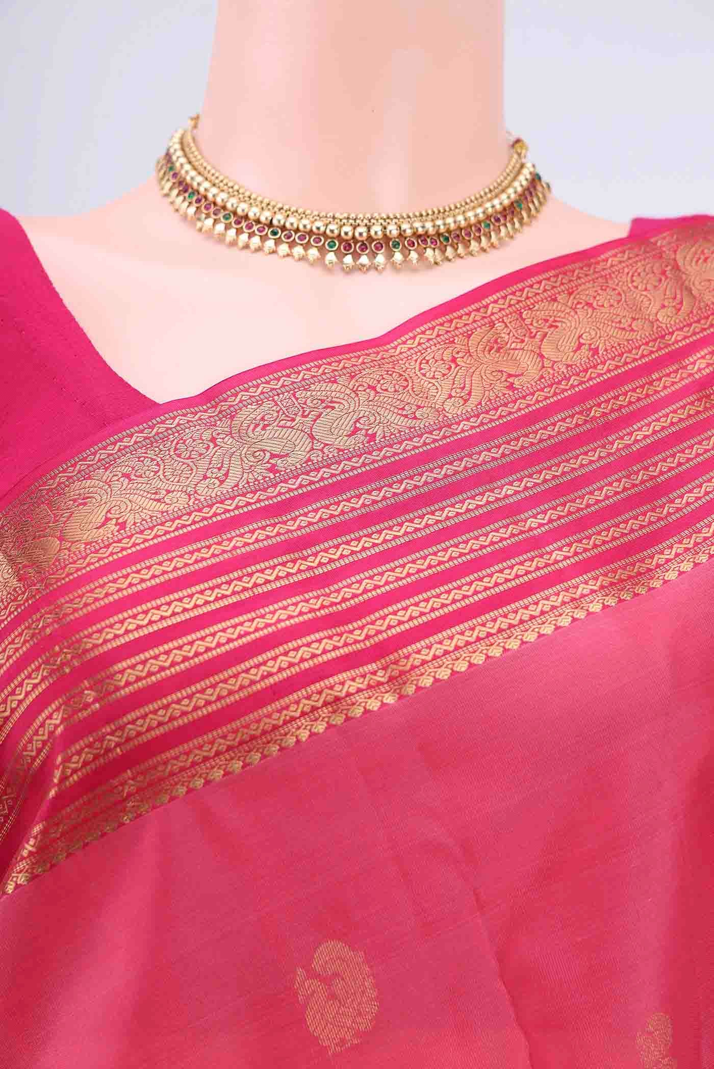 Border image of Pink Dual Tone Nangavalli Silk [ Salem ] Saree with Zari Butta on the body and Zari Border