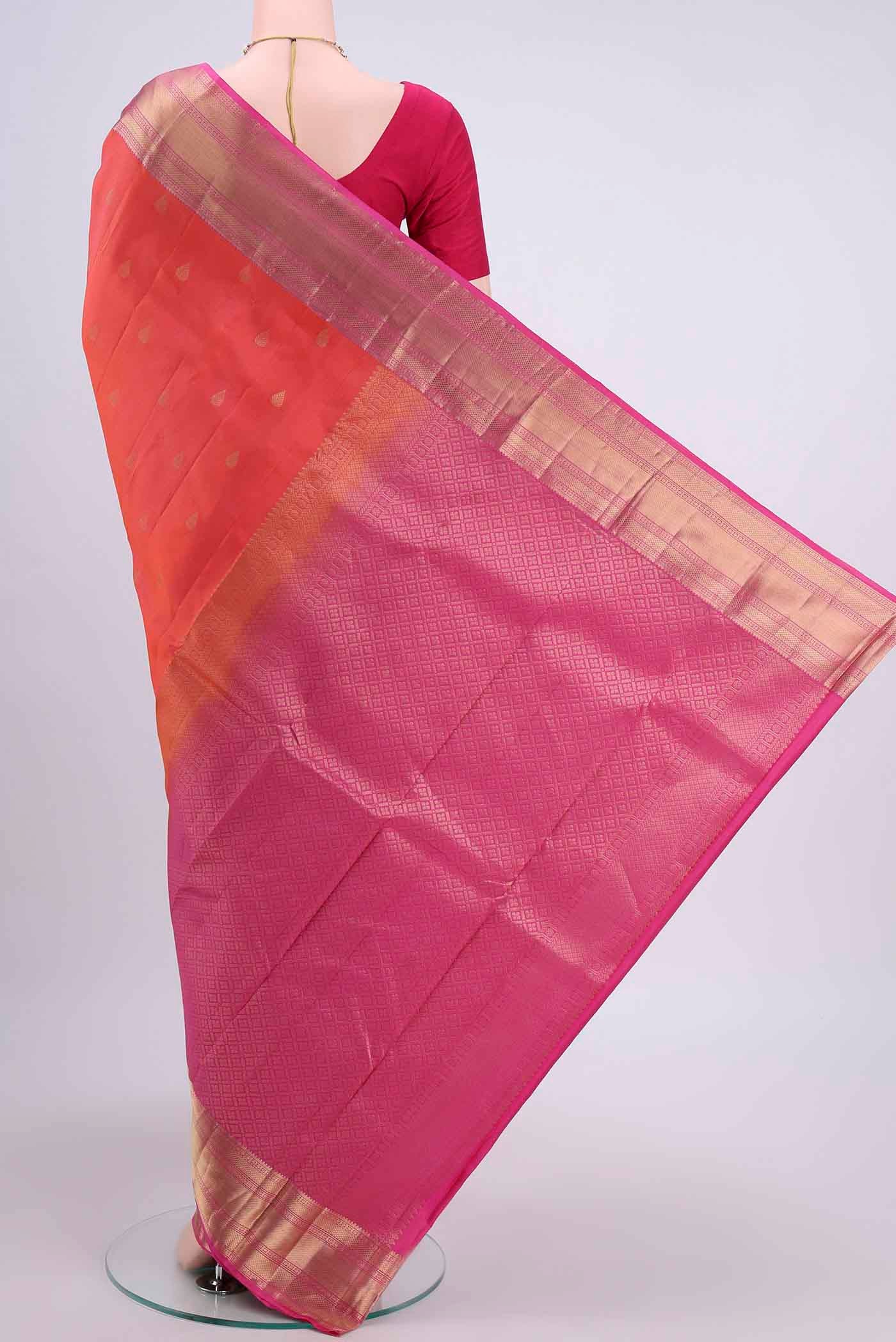 Flat view of Brick Orange Dual Tone Nangavalli Silk [ Salem ] Saree with Zari Butta on the body and Zari Border