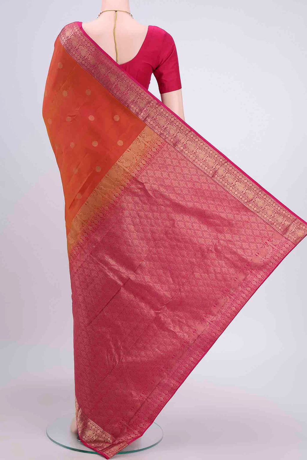 Flat view of Brick Orange Dual Tone Nangavalli Silk [ Salem ] Saree with Zari Butta on the body and Zari Border