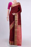 Maroon Dual Tone Nangavalli Silk [ Salem ] Saree with Zari Butta on the body and Zari Border displayed on a mannequin