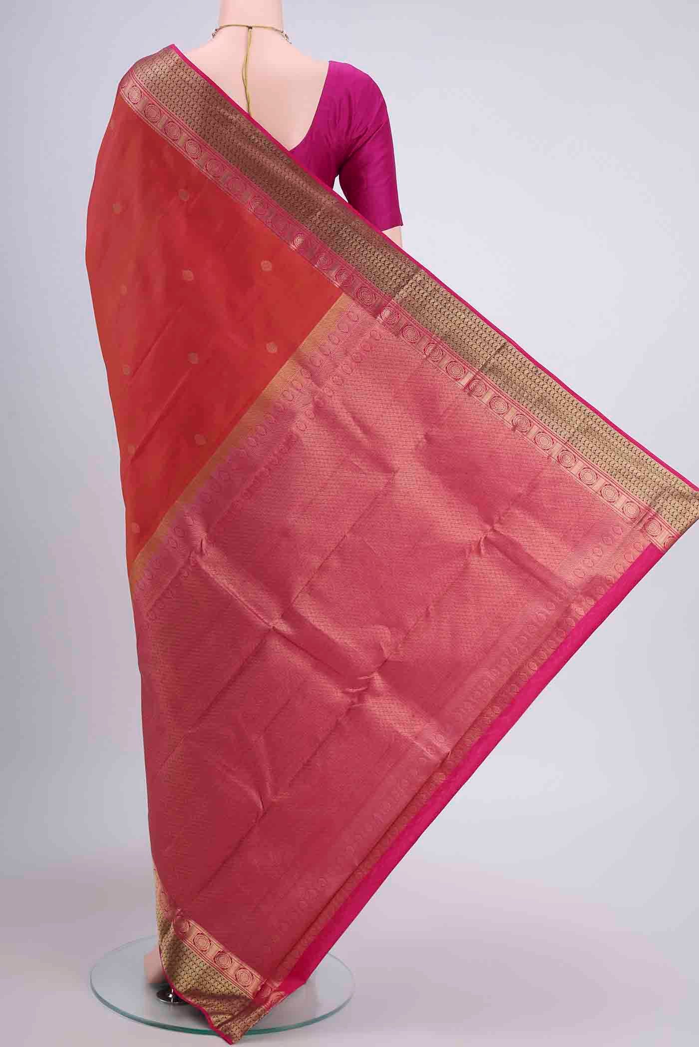 Flat view of Brick Orange Dual Tone Nangavalli Silk [ Salem ] Saree with Zari Butta on the body and Zari Border