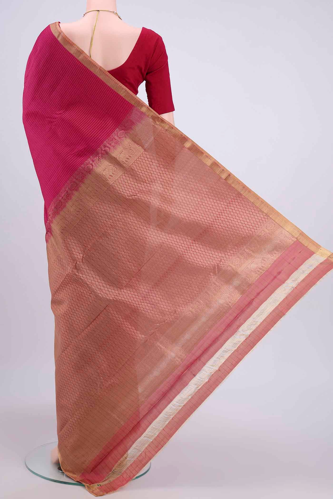 Flat view of Rani Pink Dual Tone Nangavalli Silk [ Salem ] Saree with Stripes on the body and Zari Border