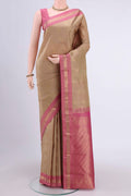 Dark Beige Dual Tone Nangavalli Silk [ Salem ] Saree with Zari Butta on the body and Zari Border displayed on a mannequin