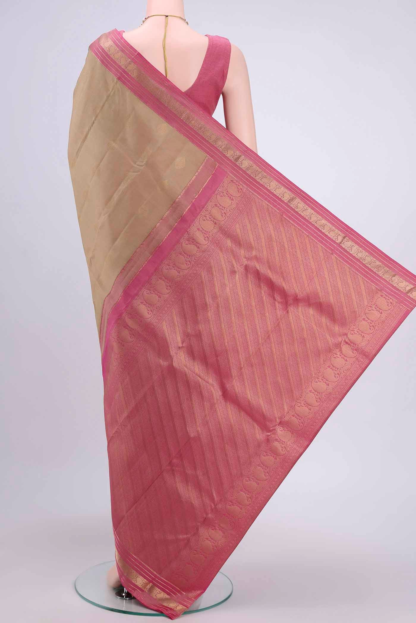 Flat view of Dark Beige Dual Tone Nangavalli Silk [ Salem ] Saree with Zari Butta on the body and Zari Border