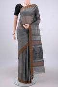 Grey Kanchi Cotton Saree with Stripes on the body and Thread Border.  displayed on a mannequin