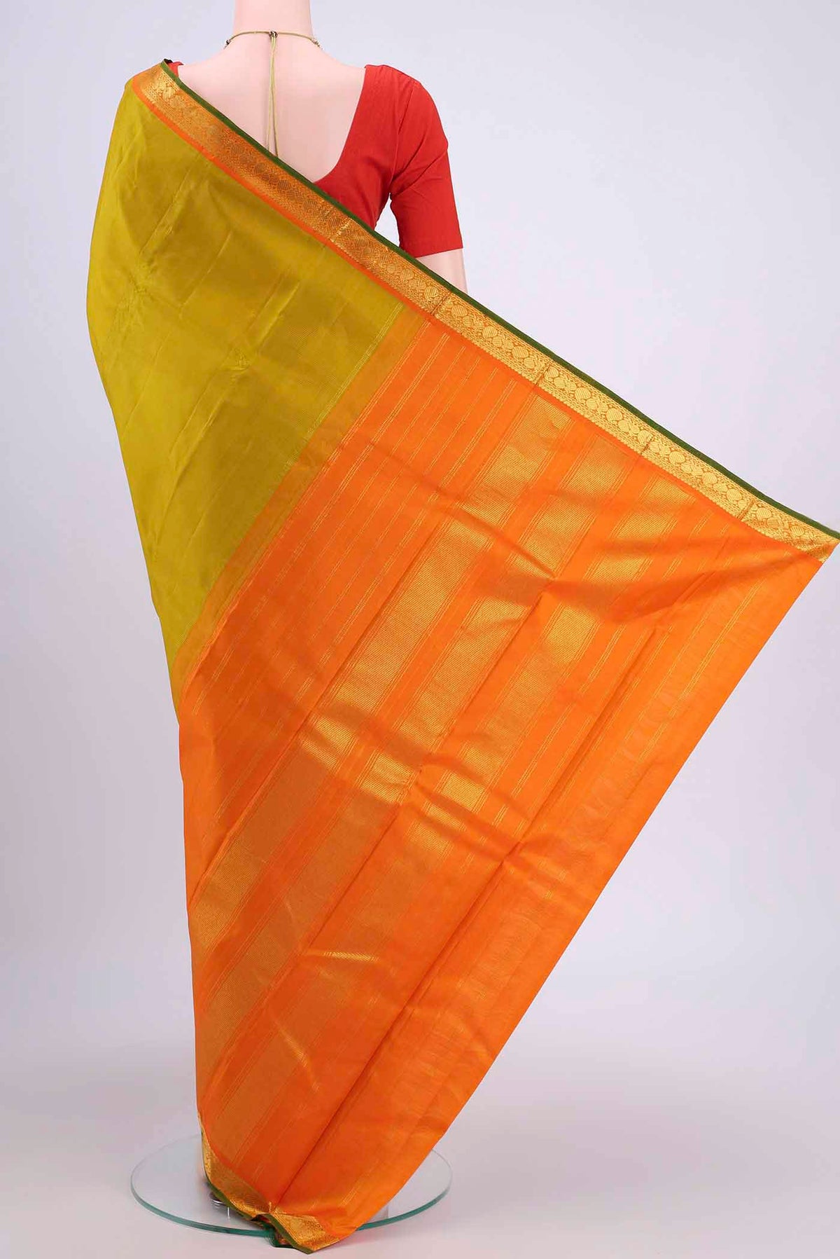 Flat view of Acid Green Kanchipuram Saree with Plain Body and Zari Border