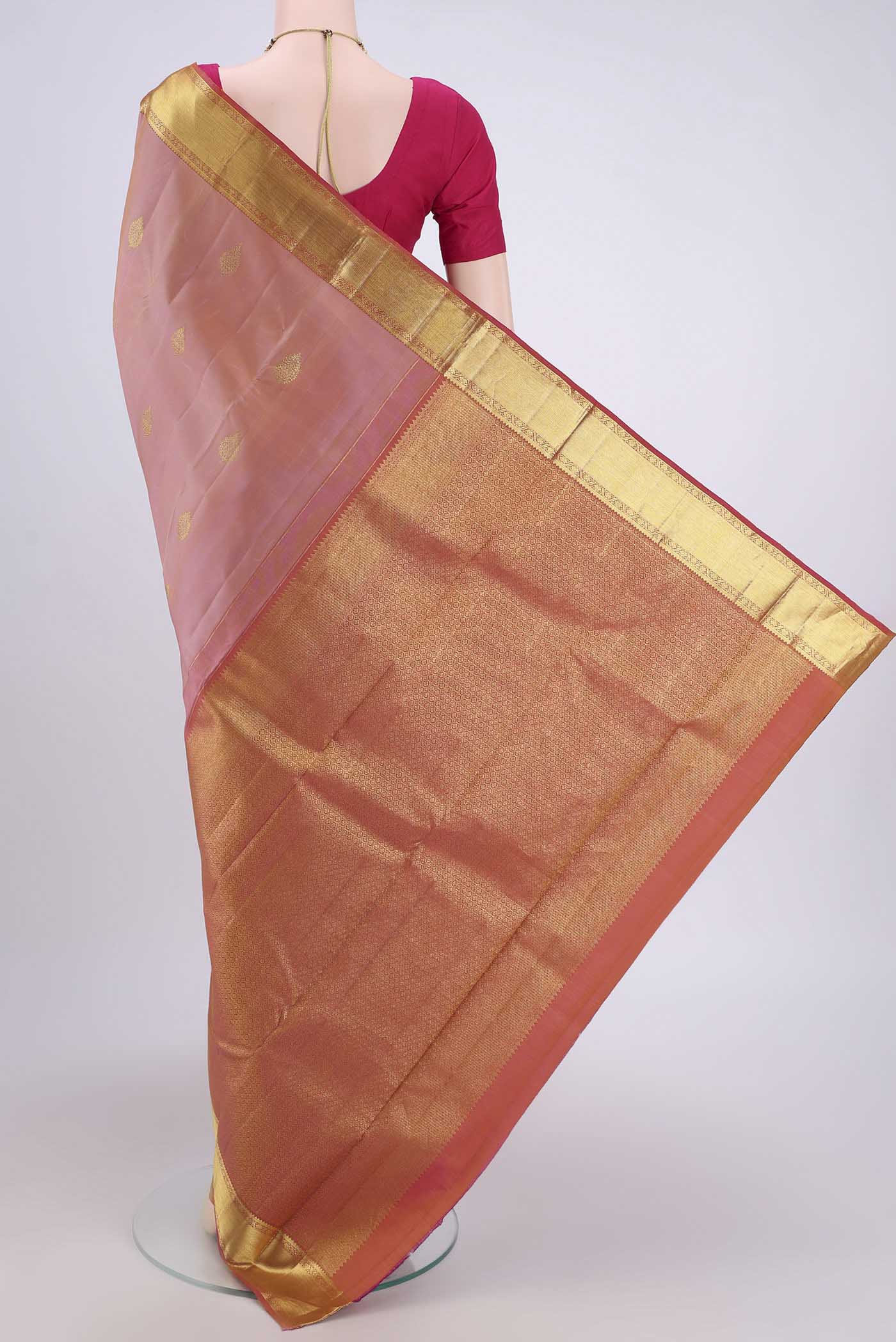 Flat view of Peach Dual Tone Nangavalli Silk [ Salem ] Saree with Zari Butta on the body and Zari Border. 