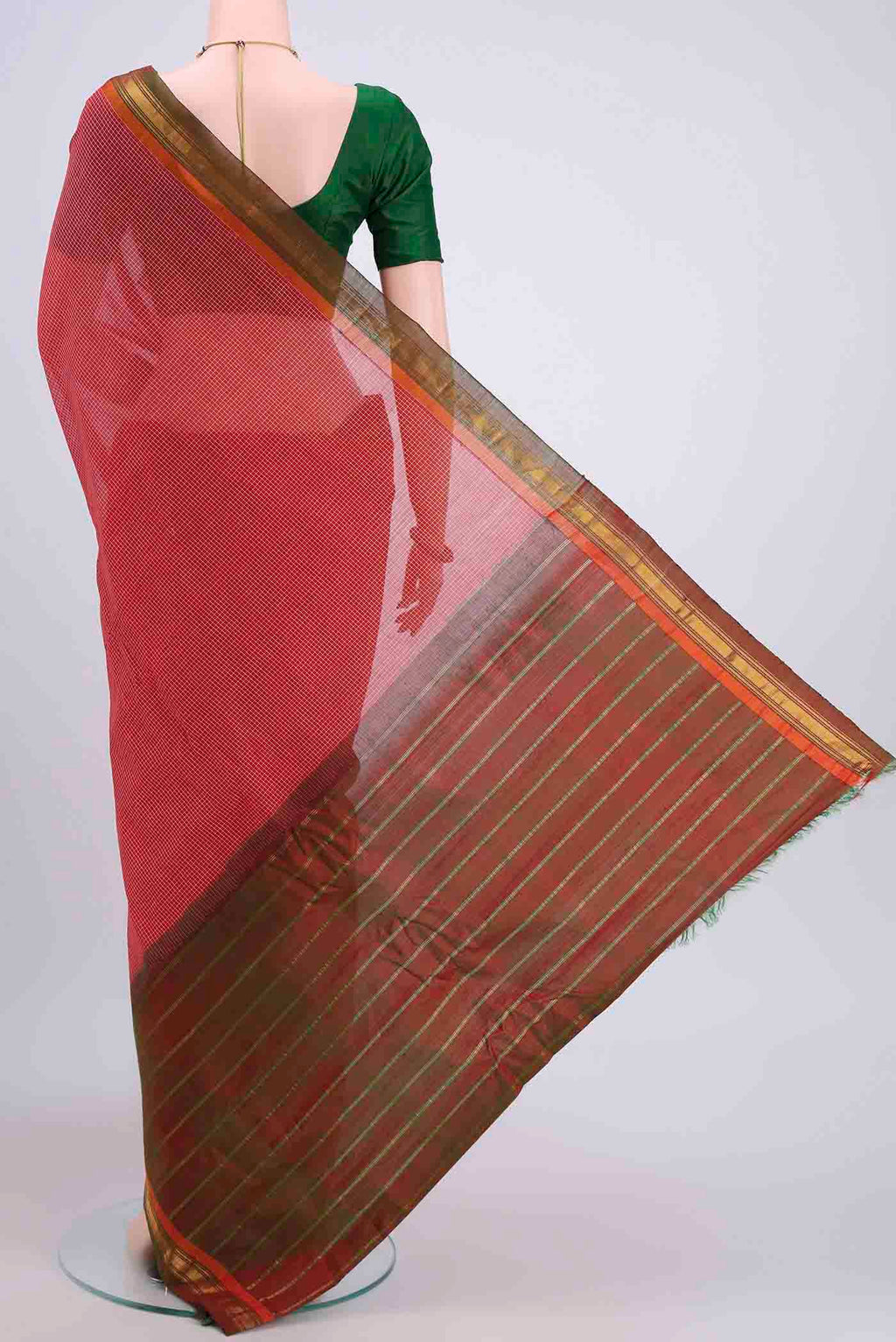 Flat view of Red Gadwal cotton Saree with Stripes on the body and Zari Border