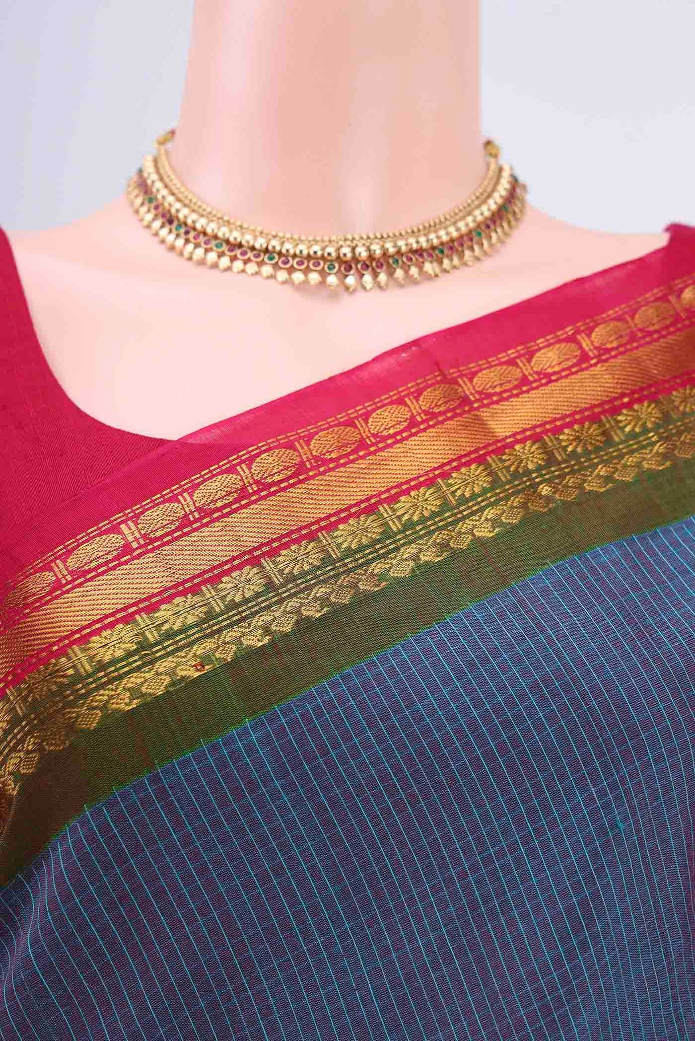 Border image of Dark Blue Gadwal Silk Saree with Stripes on the body and Zari Border