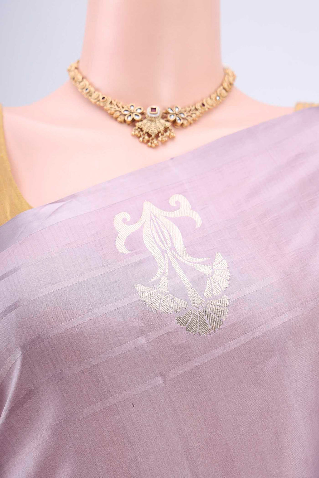 Border image of Lilac Banarasi Katan Silk Saree with Plain Body and Zari Border. 