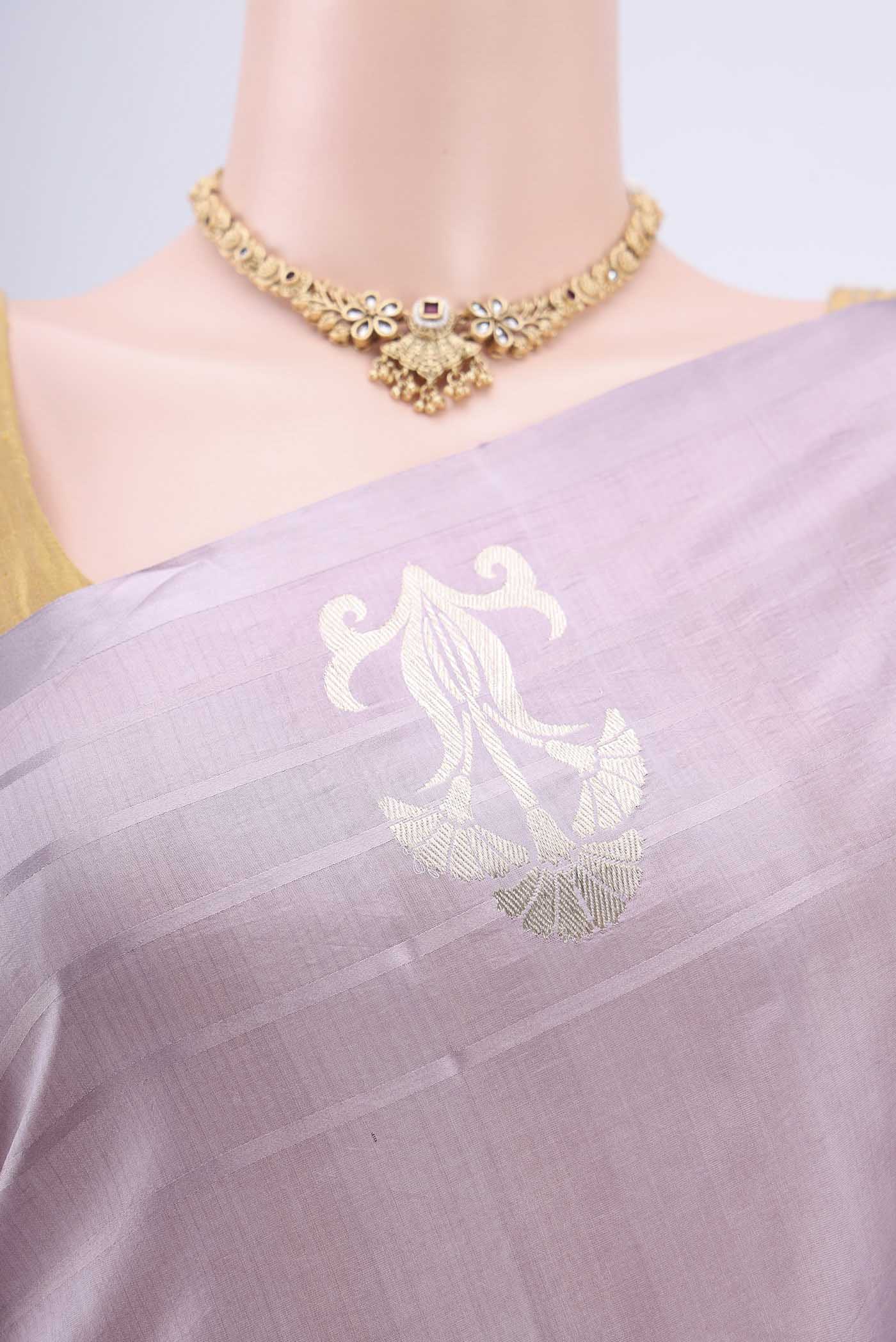 Border image of Lilac Banarasi Katan Silk Saree with Plain Body and Zari Border. 