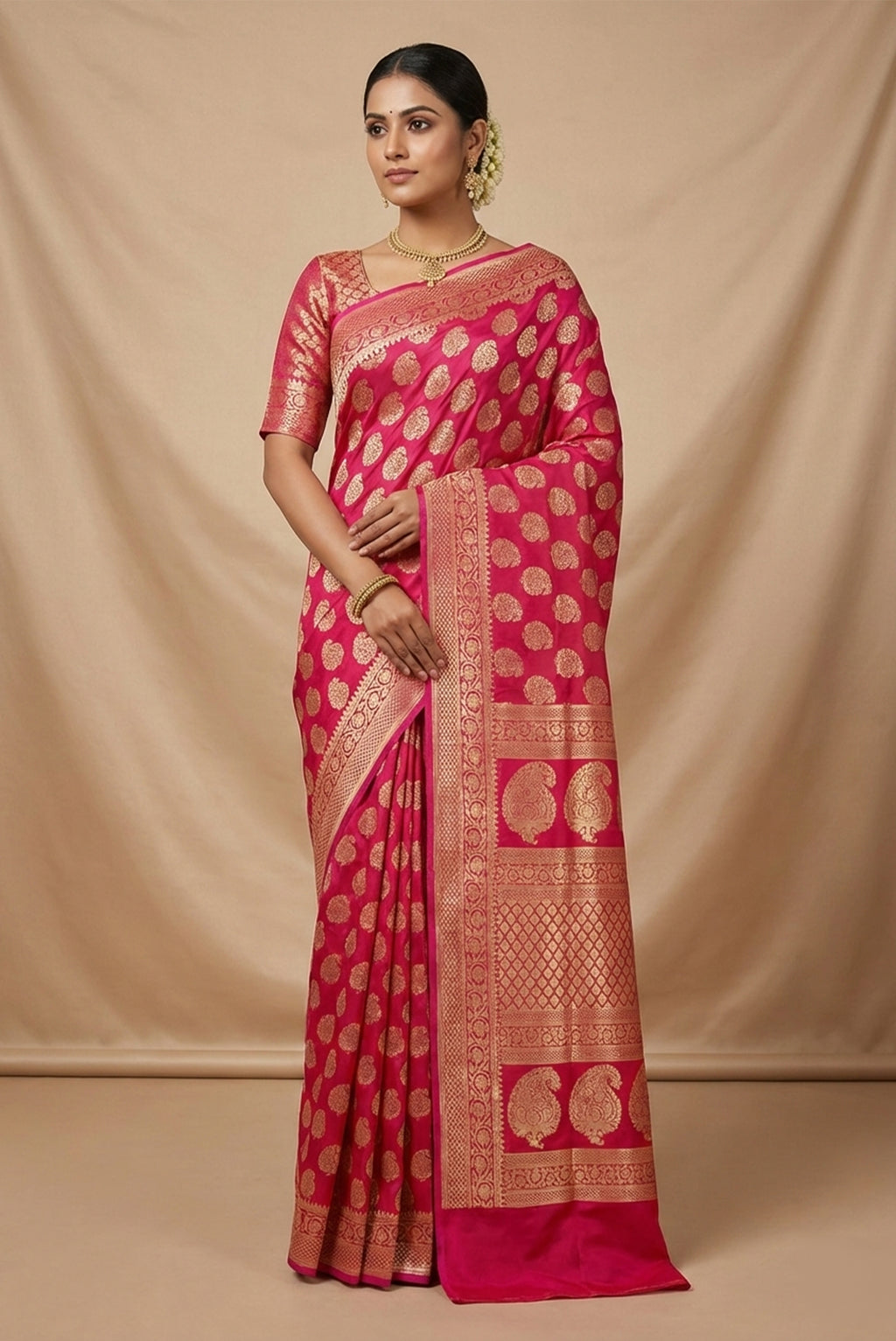 Model wearing a Dark Pink Dual Tone Banarasi Silk Saree with Zari Butta on the body and Zari Border.
