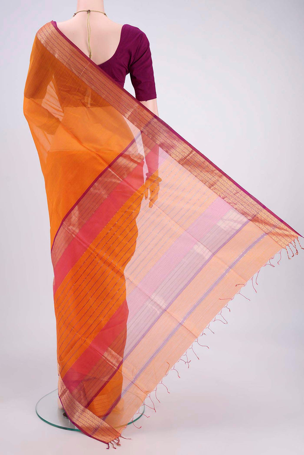 Flat view of Yellow Dual Tone Maheshwari Silk Cotton Saree with Plain Body and Zari Border. 