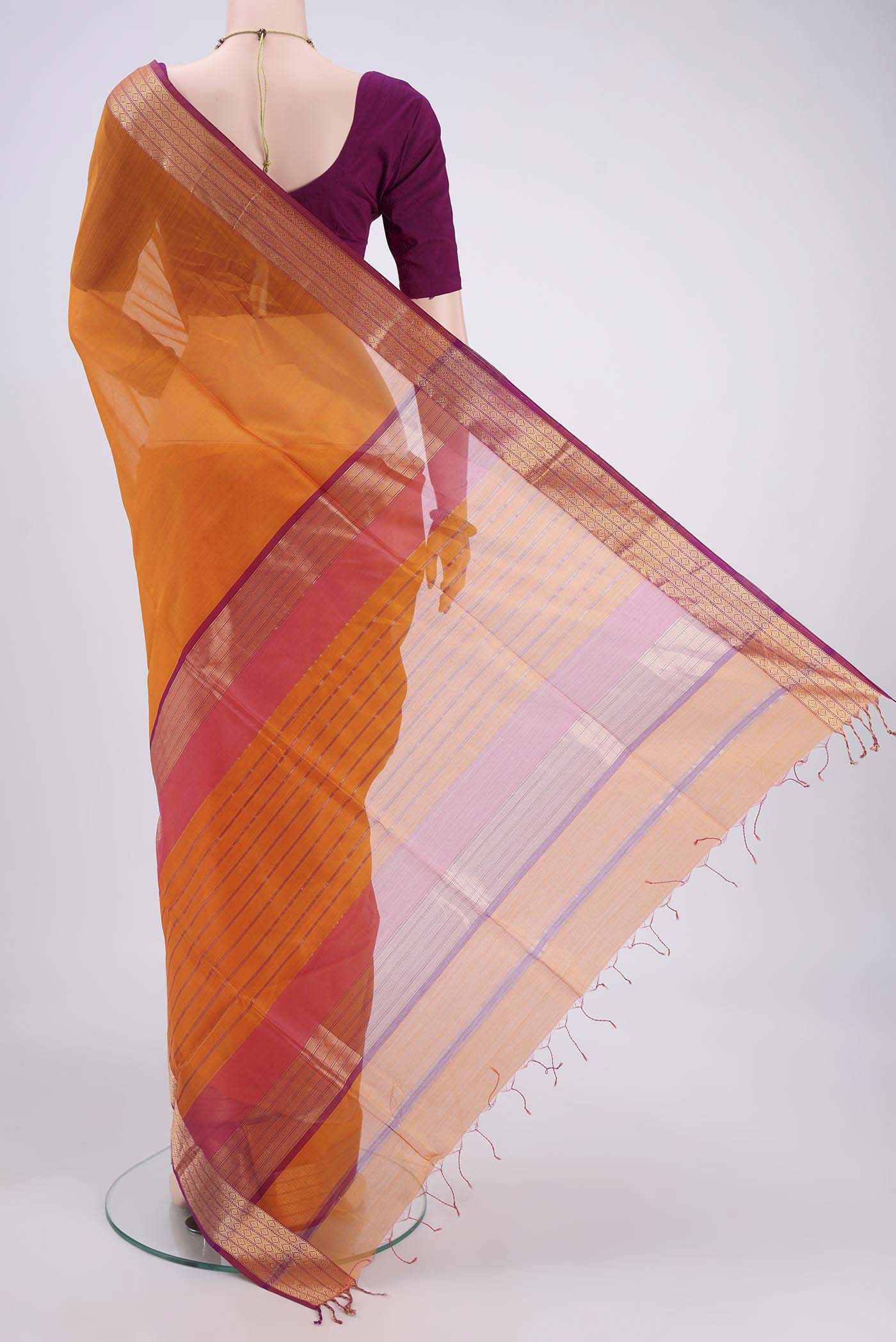 Flat view of Yellow Dual Tone Maheshwari Silk Cotton Saree with Plain Body and Zari Border. 