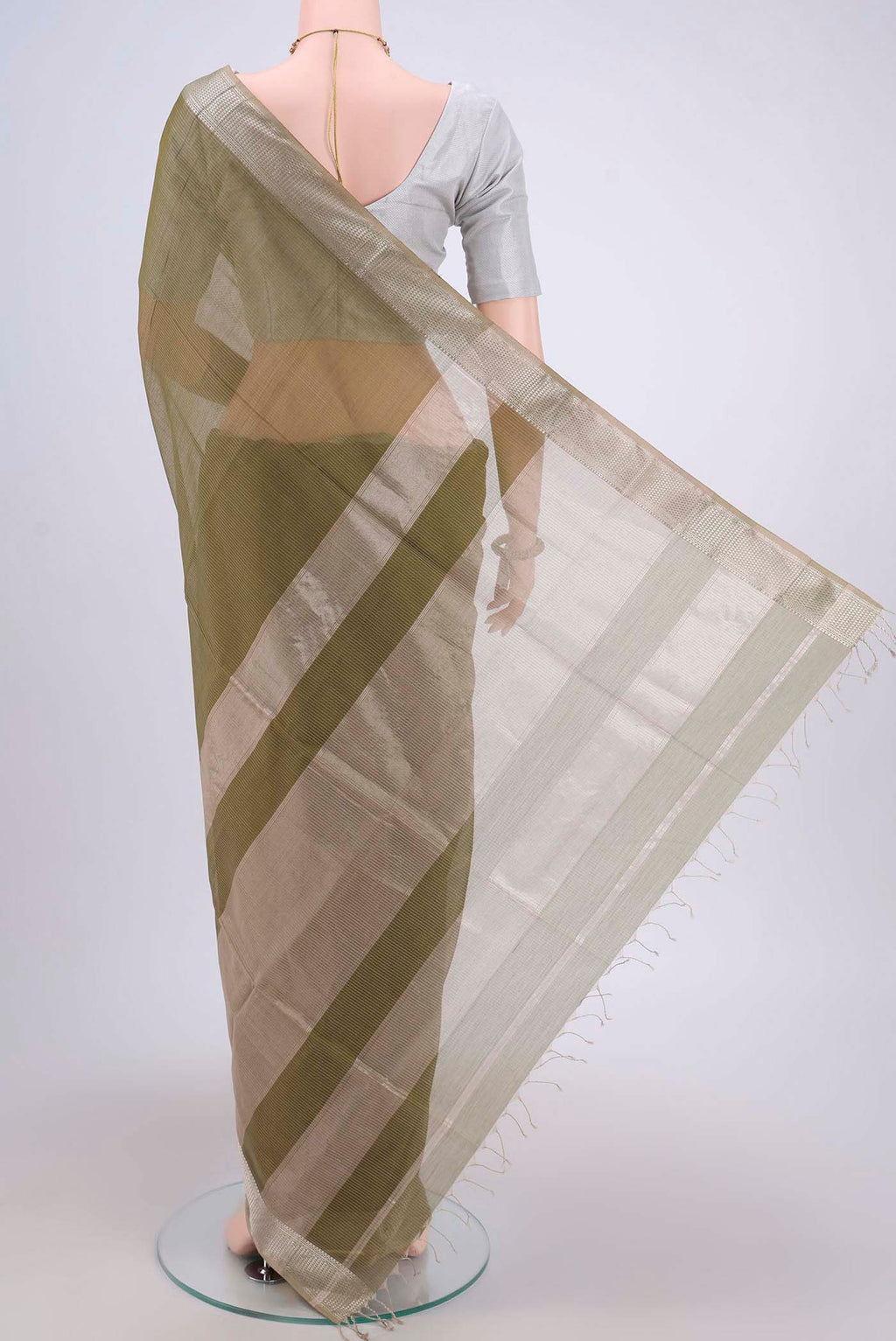 Flat view of Mehandi Green Maheshwari Silk Cotton Saree with Stripes on the body and Zari Border. 