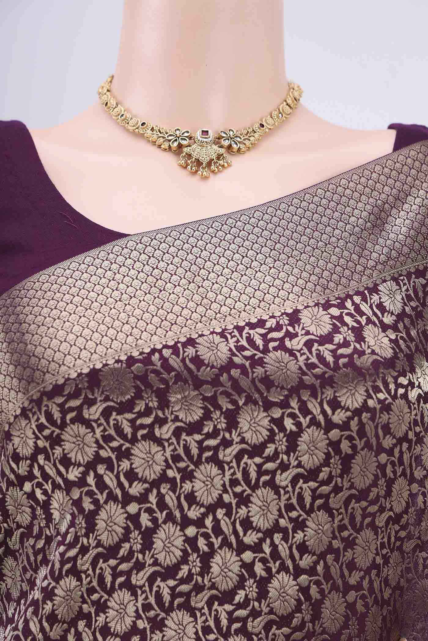 Border image of Burgundy Mysore Crepe Saree with Zari Brocade on the body and Zari Border. 