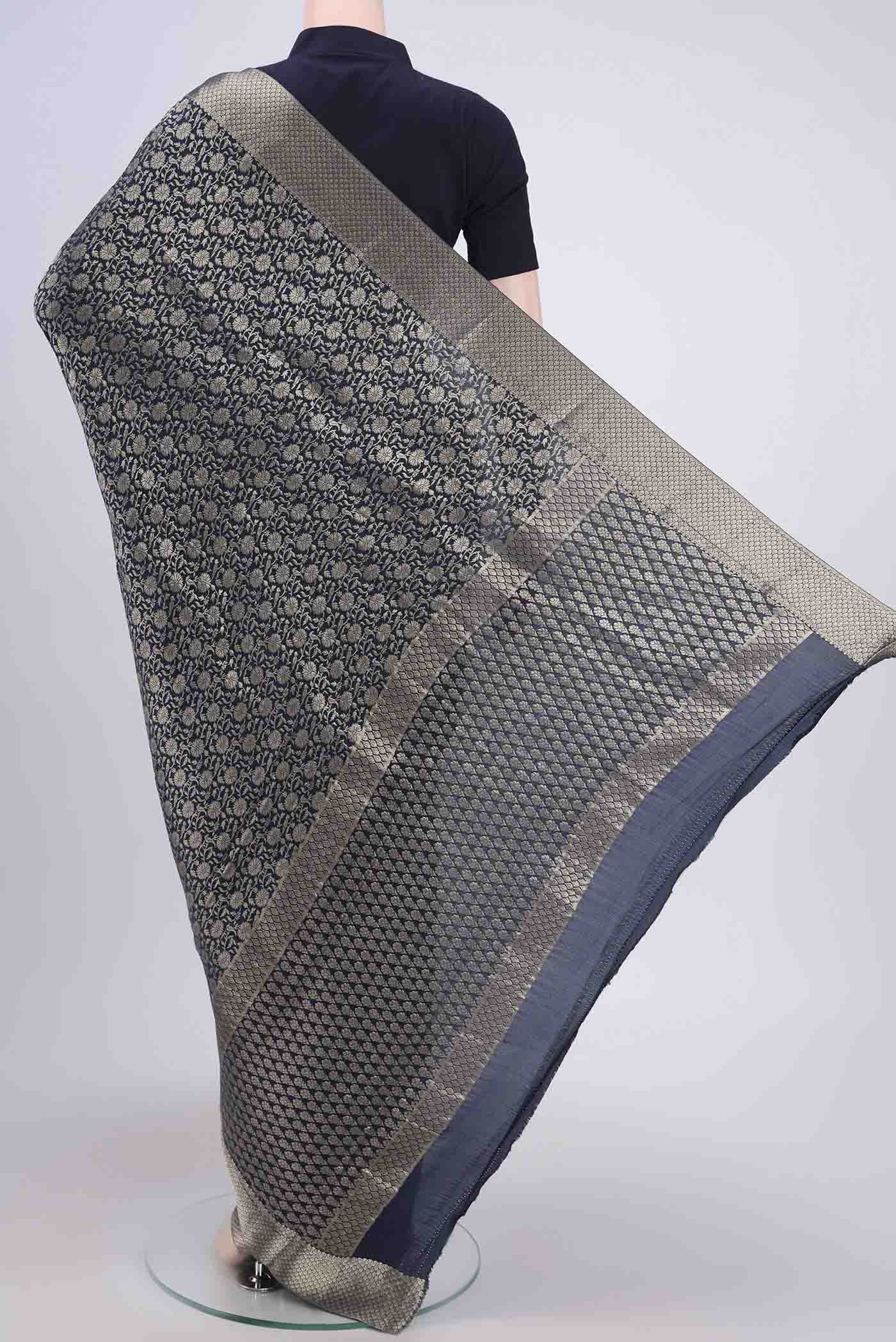 Flat view of Navy Blue Mysore Crepe Saree with Zari Brocade on the body and Zari Border. 