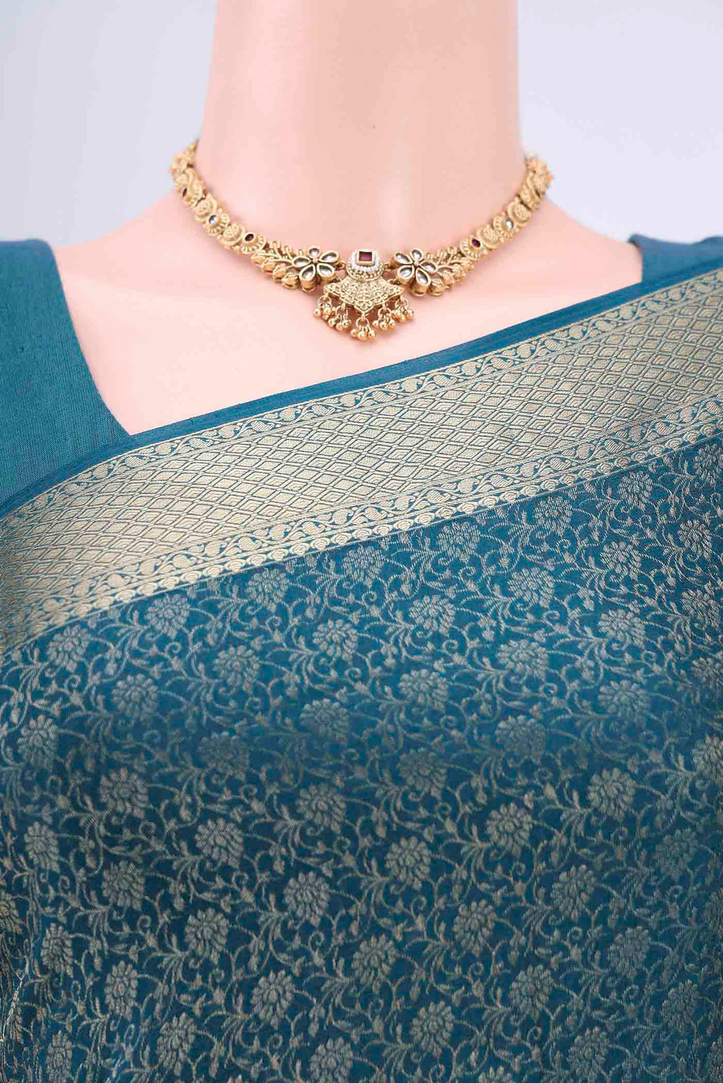 Border image of Blue Mysore Crepe Saree with Zari Brocade on the body and Zari Border. 