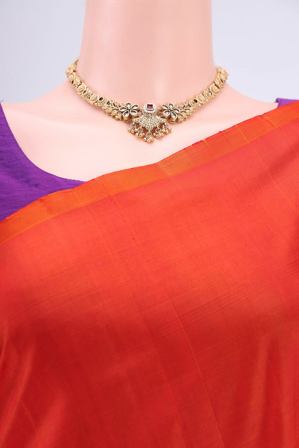 Border image of Orange Kanjivaram Silk Saree with Zari Butta on the body and One Side Border. 