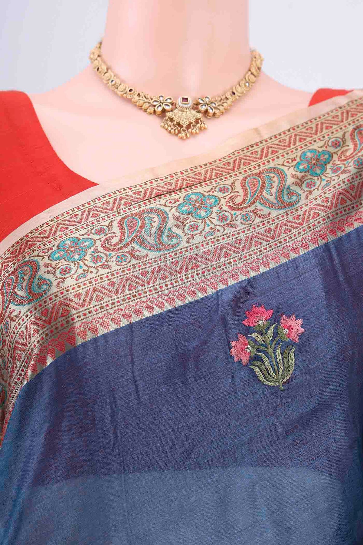 Border image of Blue Banarasi Raw Silk Saree with Embroidery on the body and Zari Border. 