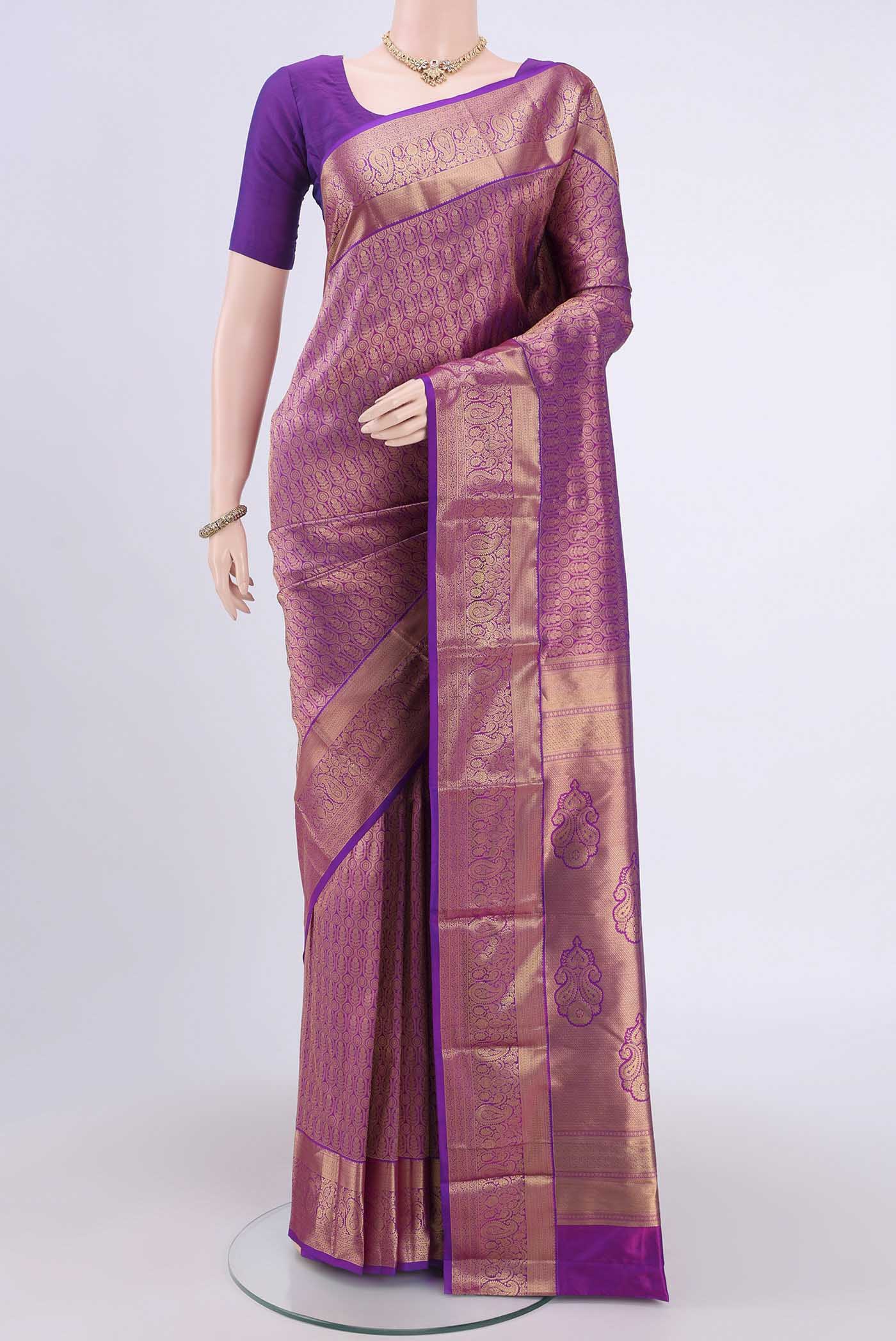 Purple Dual Tone Bangalore Silk Saree with Zari Brocade on the body and Zari Border.  displayed on a mannequin