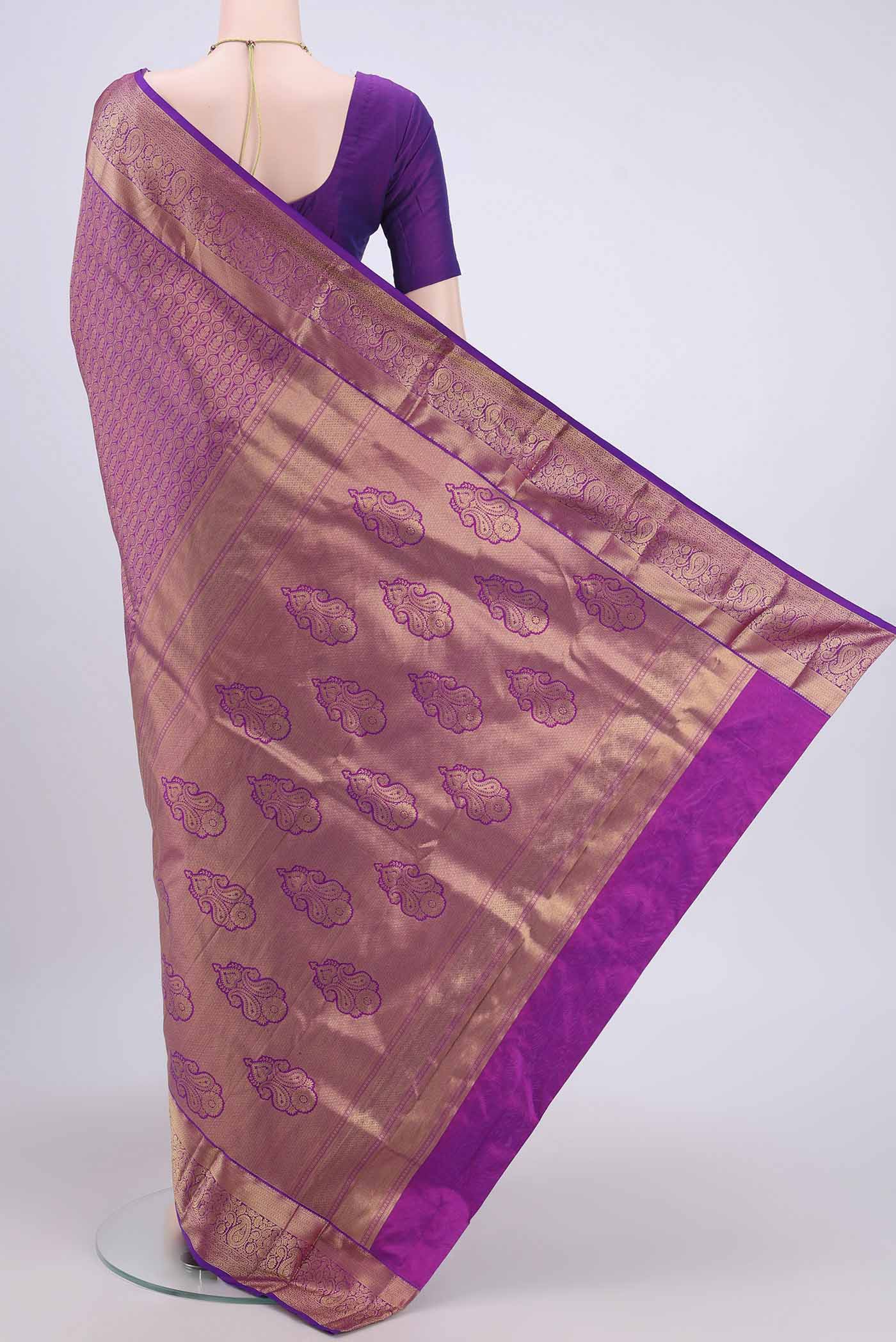 Flat view of Purple Dual Tone Bangalore Silk Saree with Zari Brocade on the body and Zari Border. 