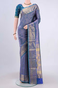 Peacock Blue Bangalore Silk Saree with Zari Brocade on the body and Zari Border.  displayed on a mannequin