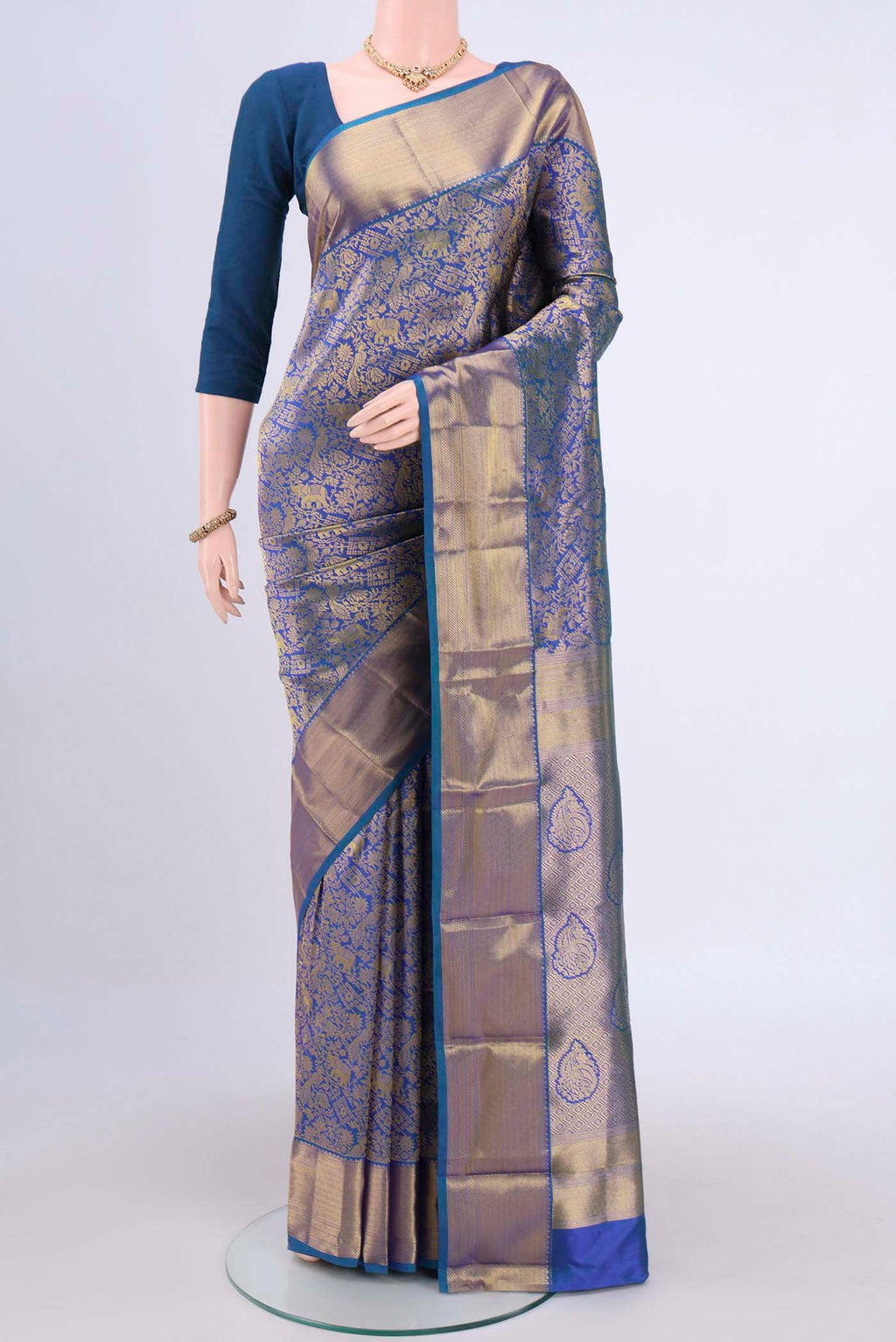 Blue Dual Tone Bangalore Silk Saree with Zari Brocade on the body and Zari Border.  displayed on a mannequin