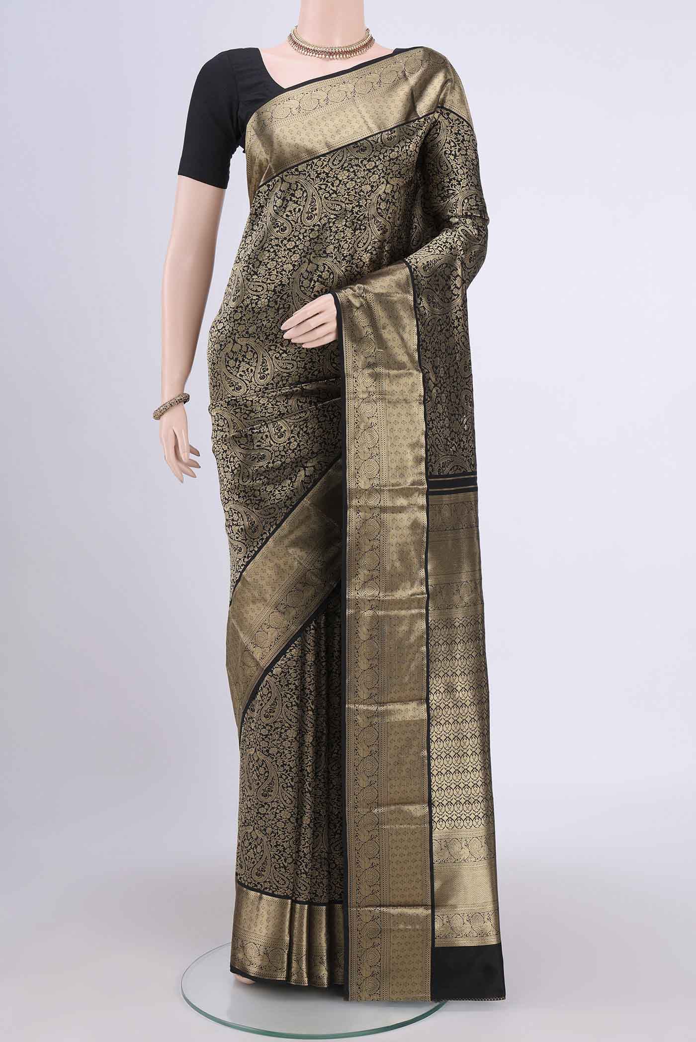 Black Bangalore Silk Saree with Zari Brocade on the body and Zari Border.  displayed on a mannequin