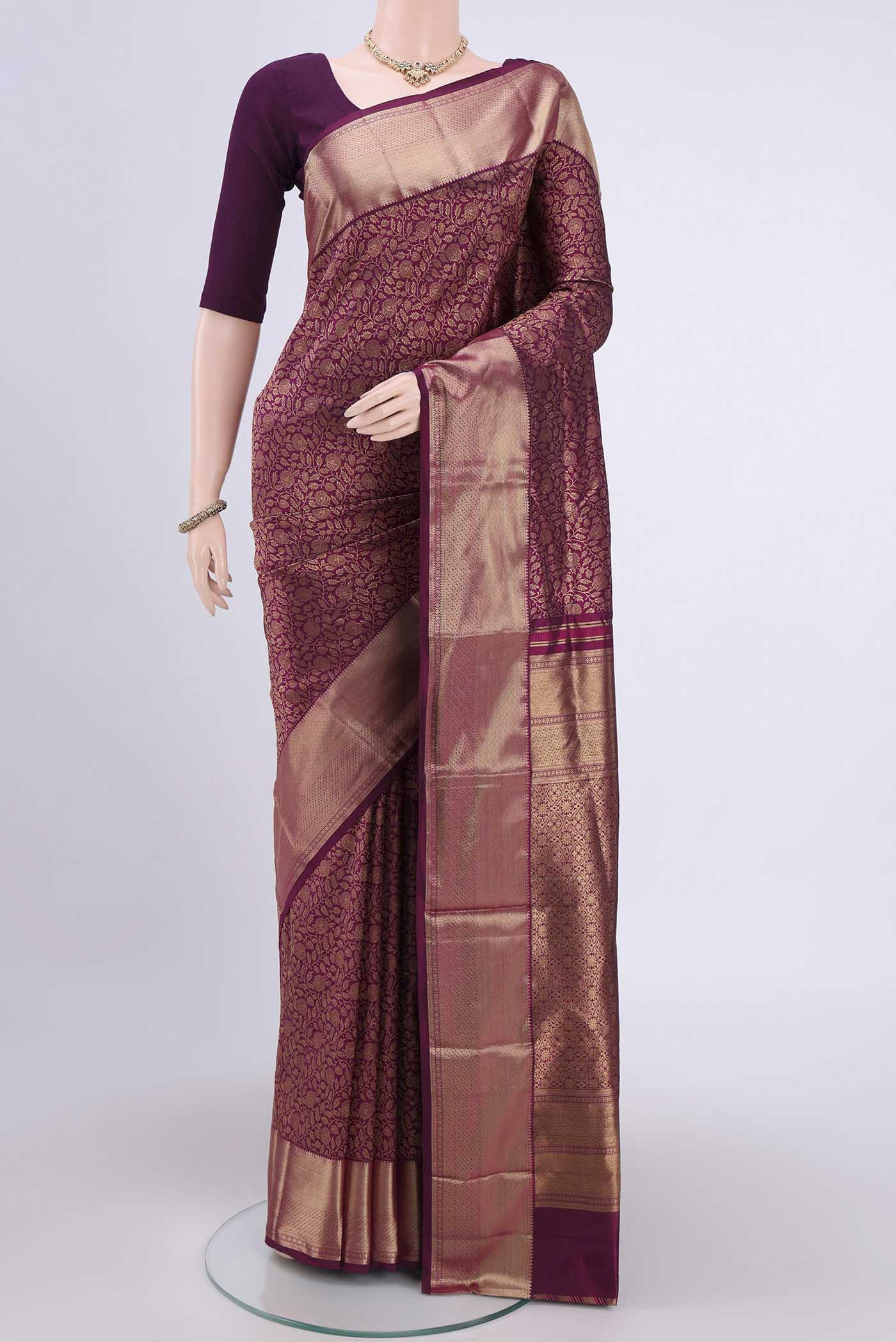 Burgundy Dual Tone Bangalore Silk Saree with Zari Brocade on the body and Zari Border.  displayed on a mannequin