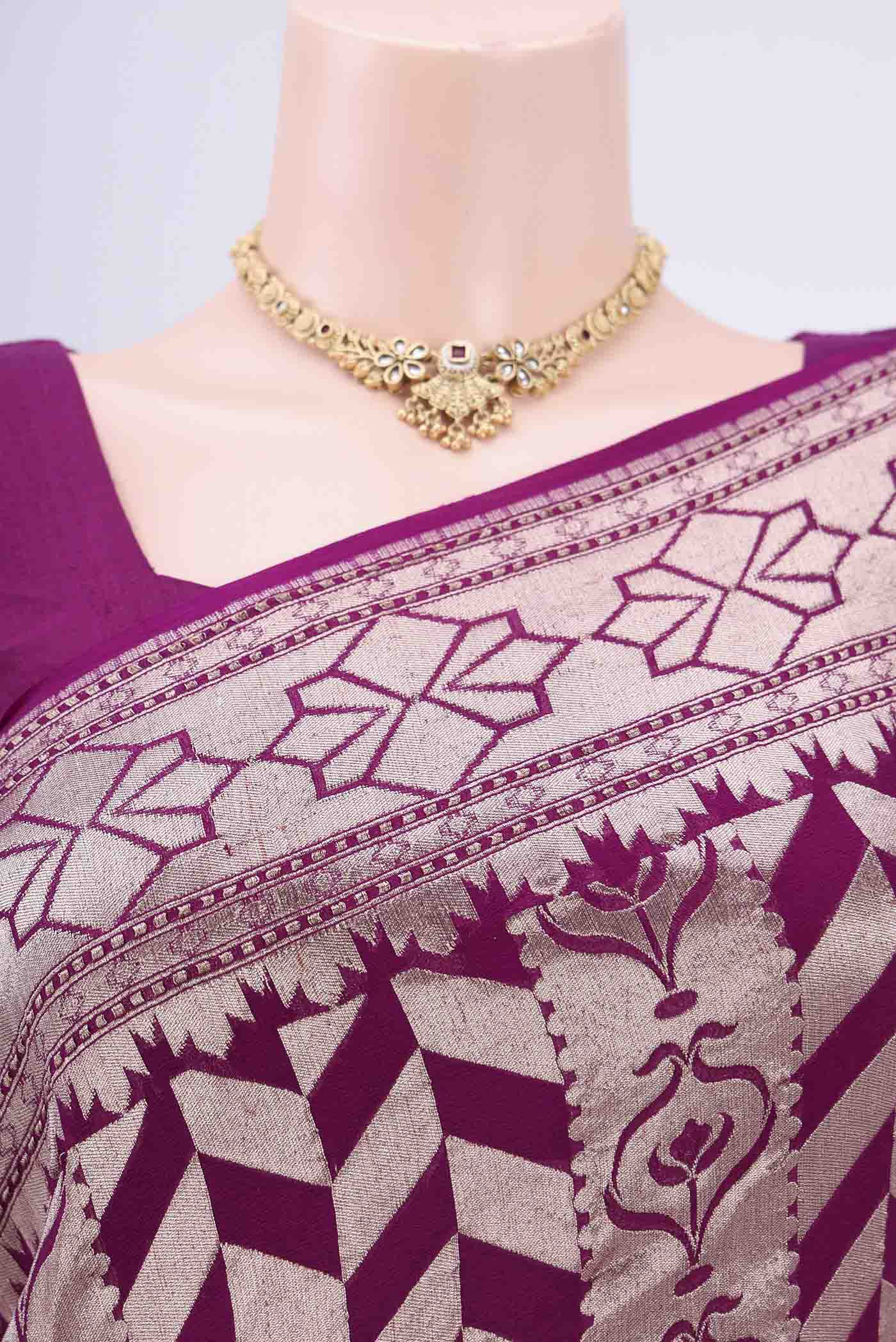 Border image of Purple Banarasi Georgette Saree with Zari Brocade on the body and Zari Border. 
