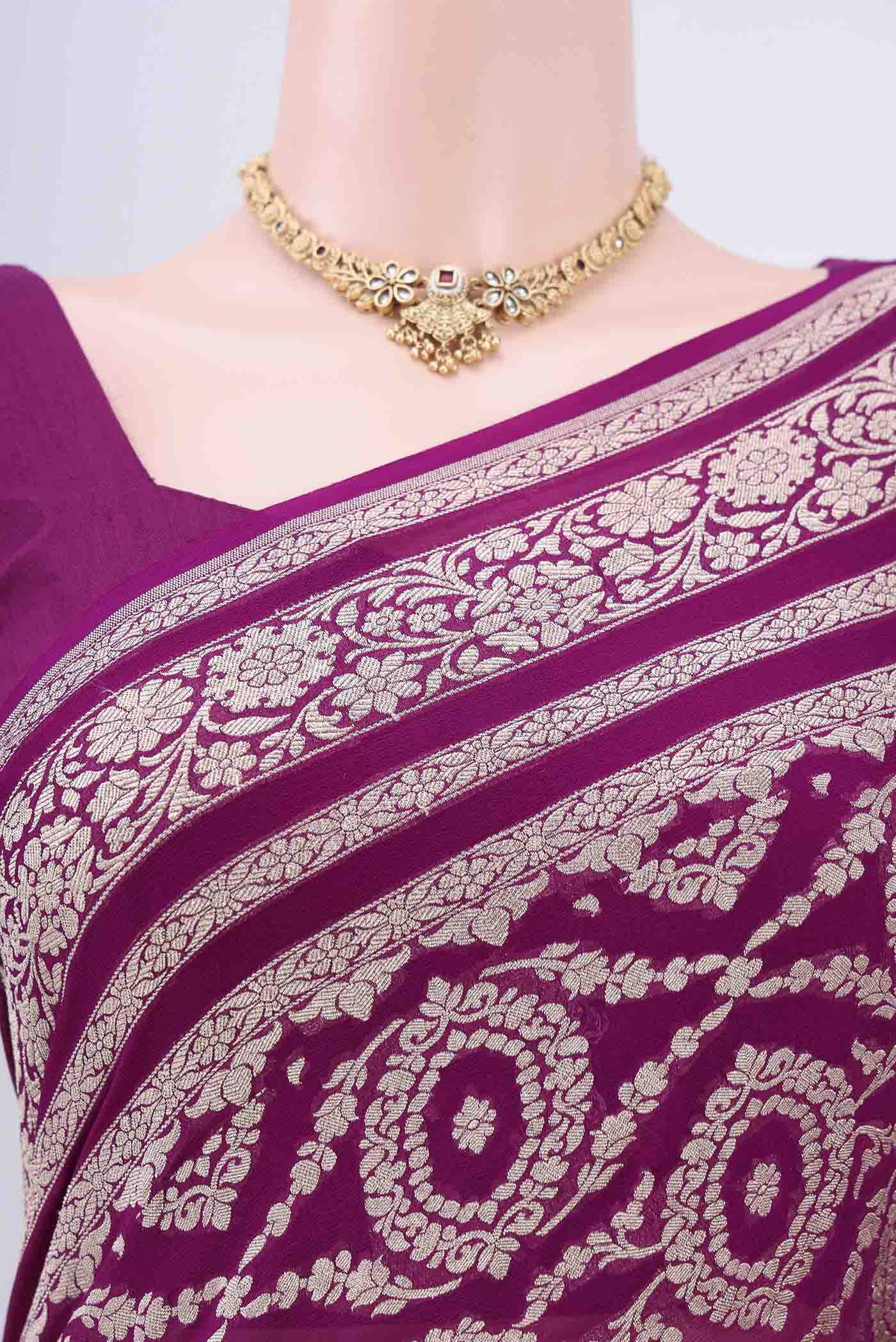 Border image of Purple Banarasi Georgette Saree with Zari Brocade on the body and Zari Border. 