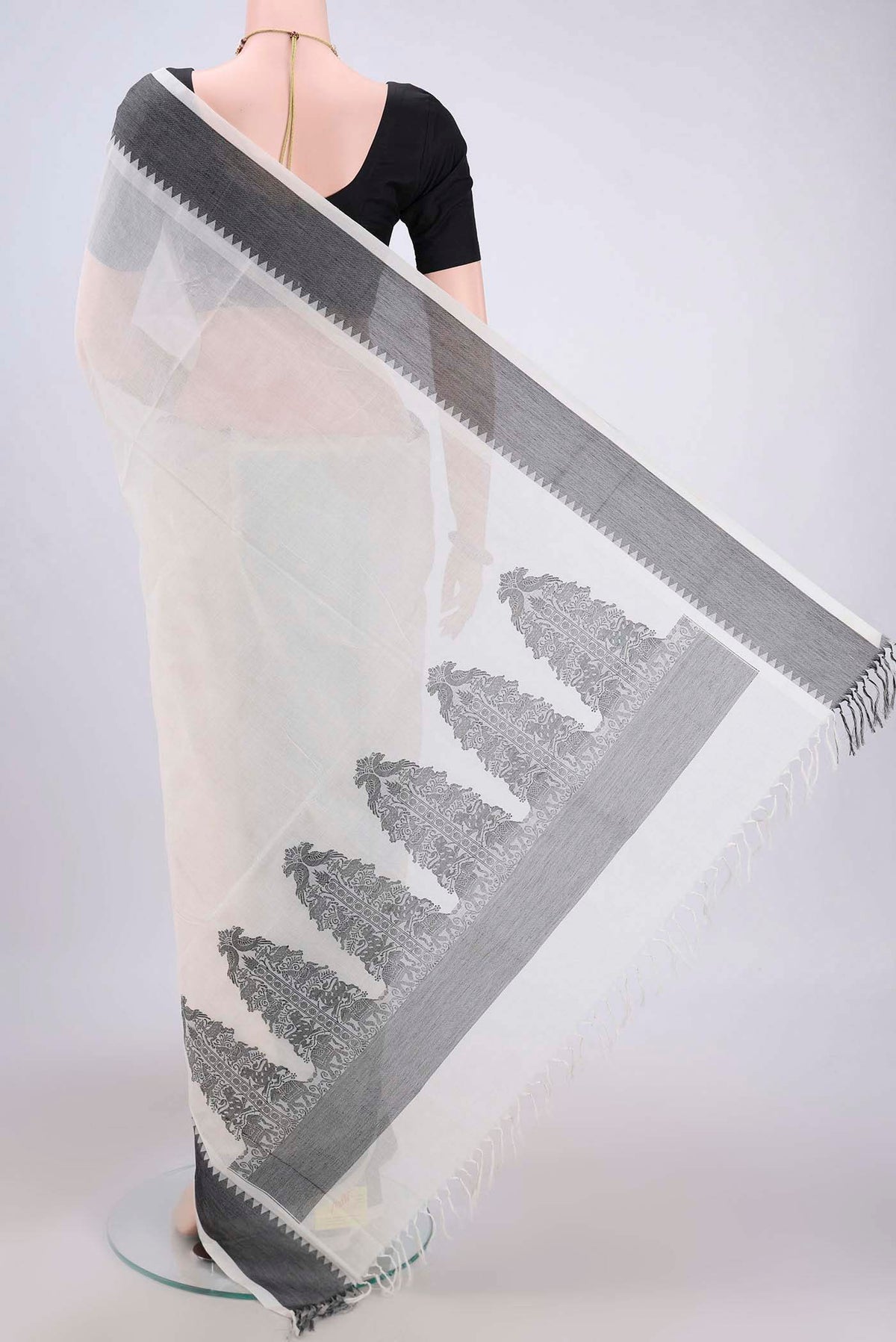 Flat view of Off White Coimbatore Cotton Saree with Plain Body and Zari Border. 