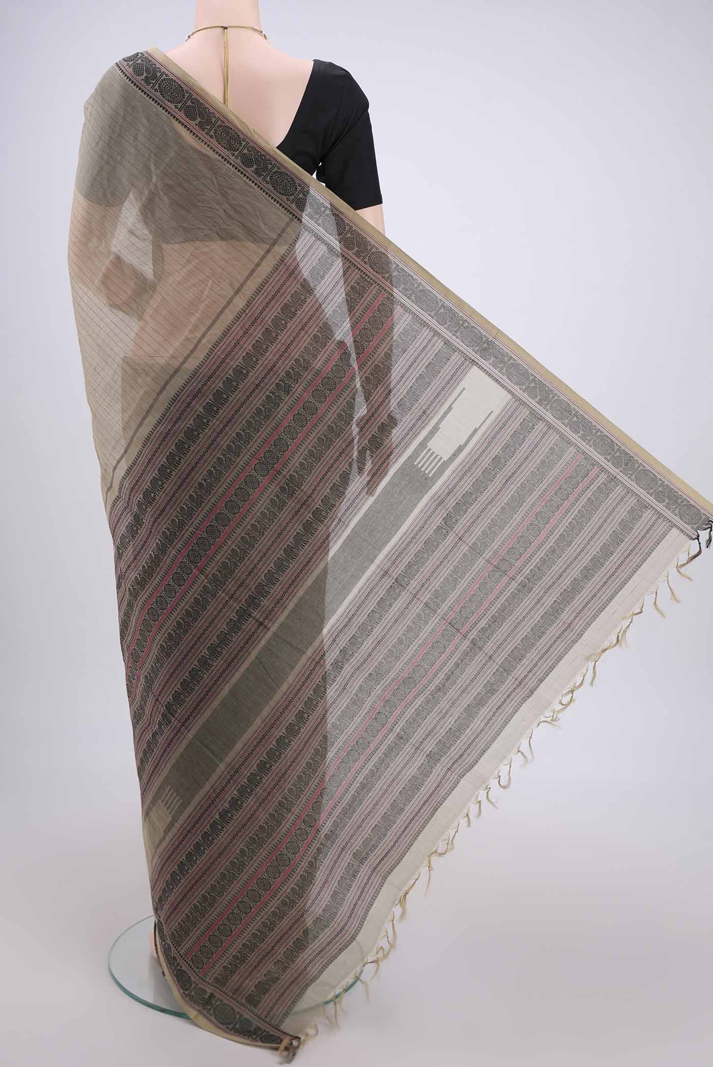 Flat view of Dark Beige Kanchi Cotton Saree with Stripes on the body and Thread Border. 