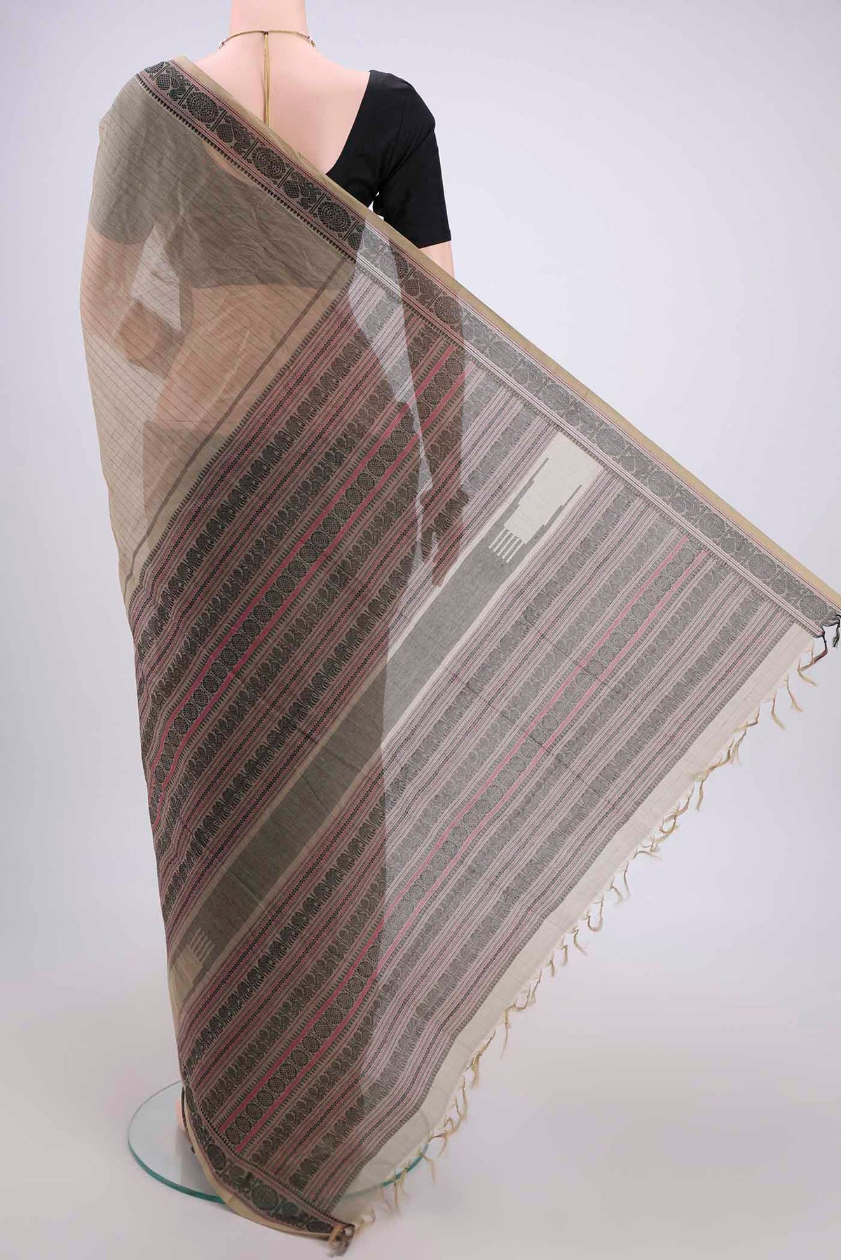 Flat view of Dark Beige Kanchi Cotton Saree with Stripes on the body and Thread Border. 