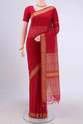 Red Kanchi Cotton Saree with Thread Butta on the body and Thread Border.  displayed on a mannequin