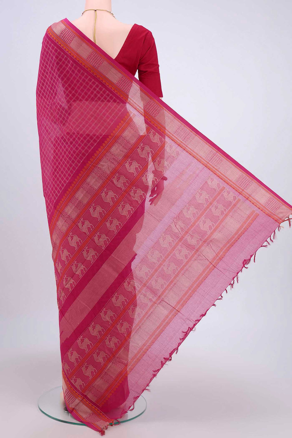 Flat view of Dark Pink Kanchi Cotton Saree with Checked design on the body and Thread Border. 