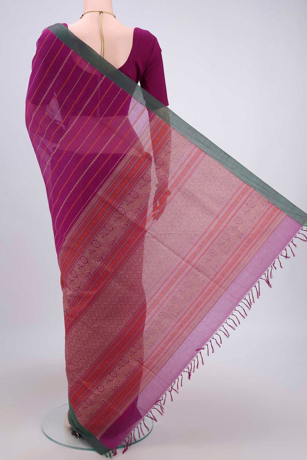 Flat view of Magenta Coimbatore Cotton Saree with Stripes on the body and Zari Border. 