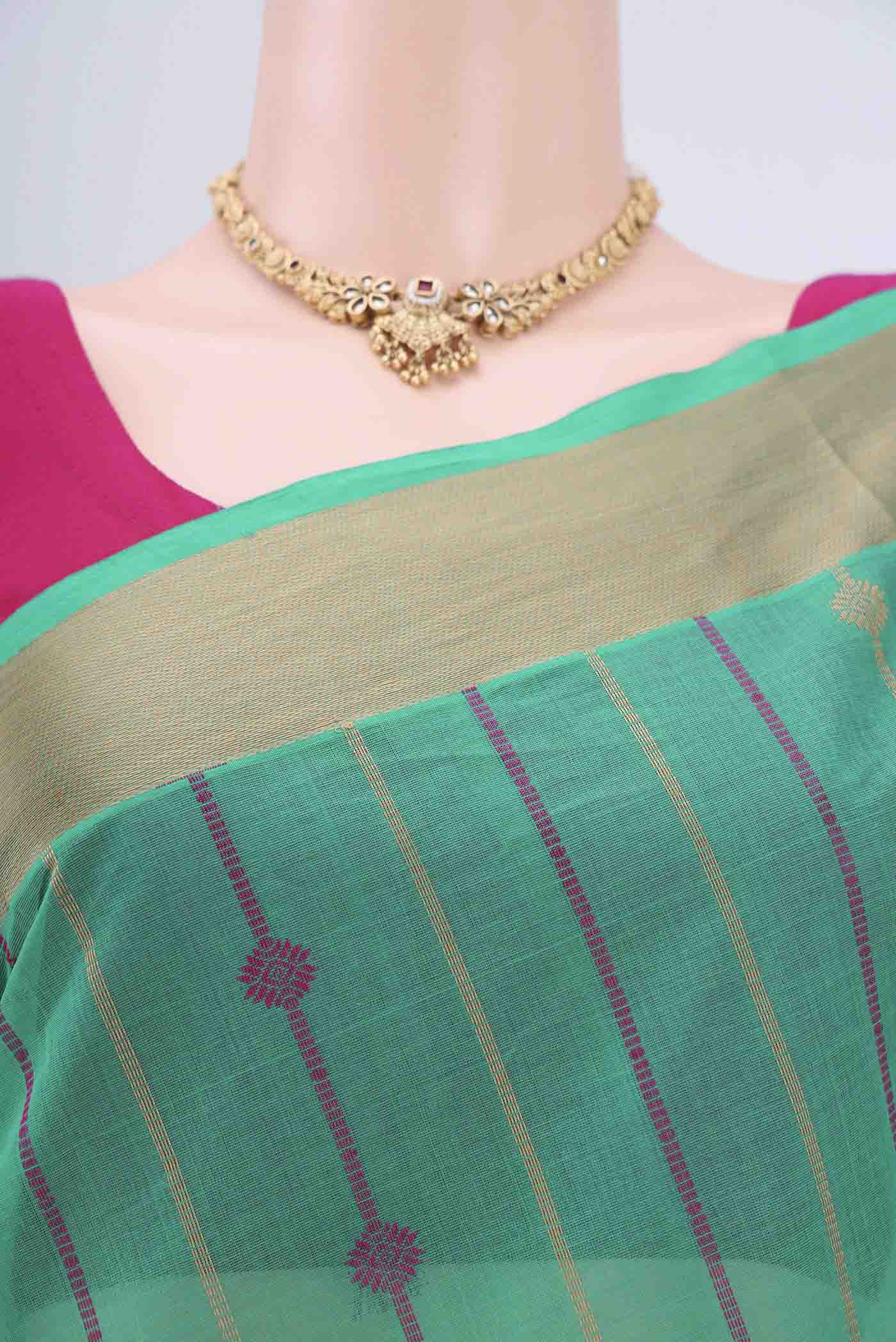 Border image of Turquoise Coimbatore Cotton Saree with Stripes on the body and Zari Border. 