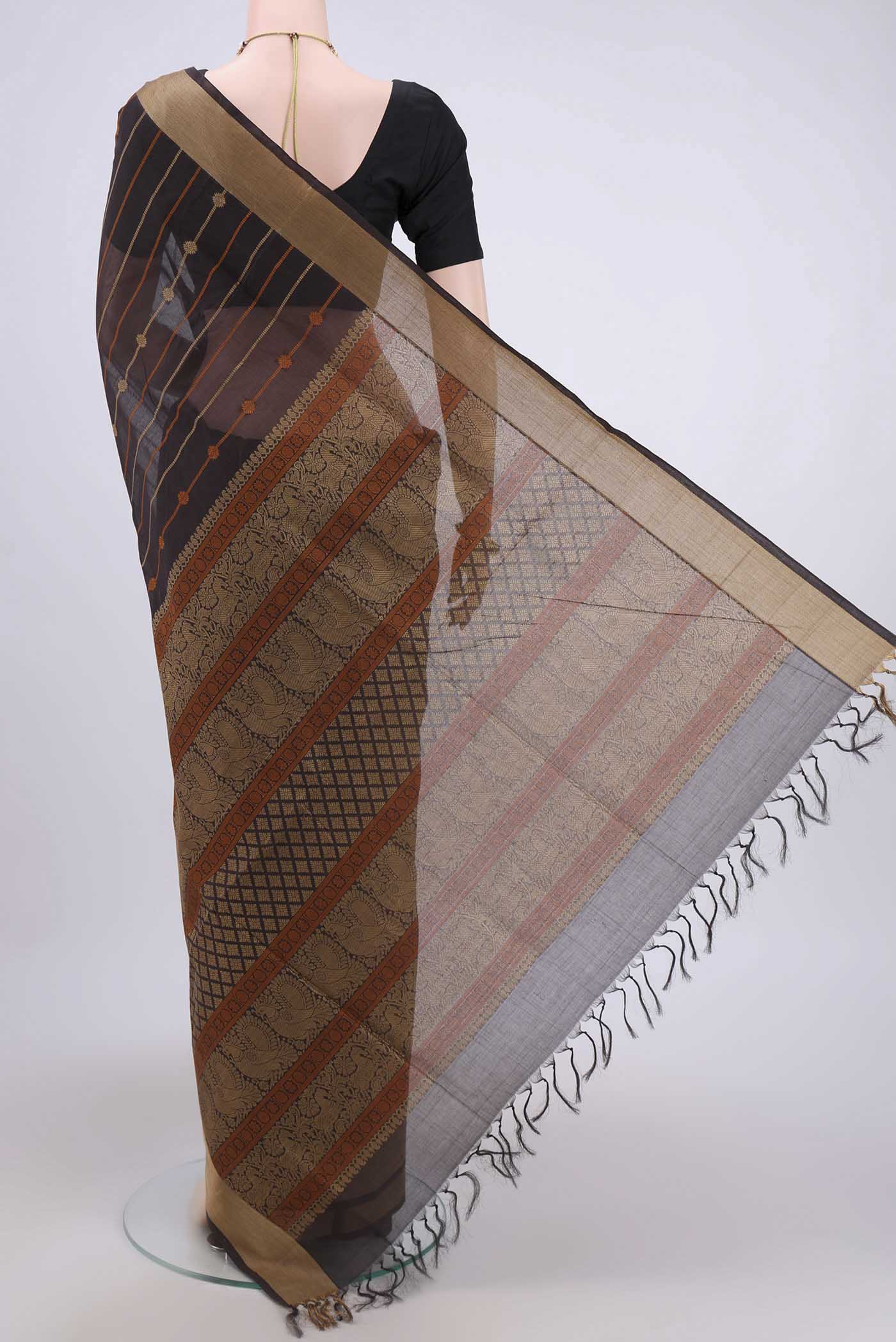 Flat view of Coffee Brown Coimbatore Cotton Saree with Stripes on the body and Plain Border. 