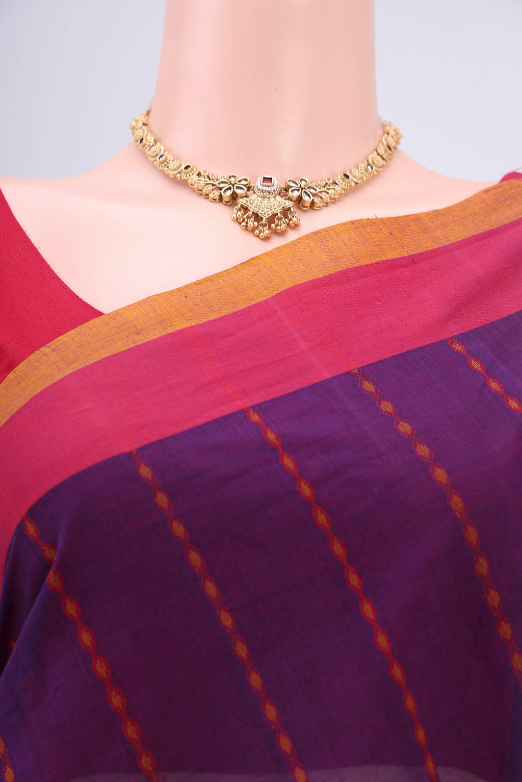 Border image of Purple Coimbatore Cotton Saree with Stripes on the body and Zari Border. 