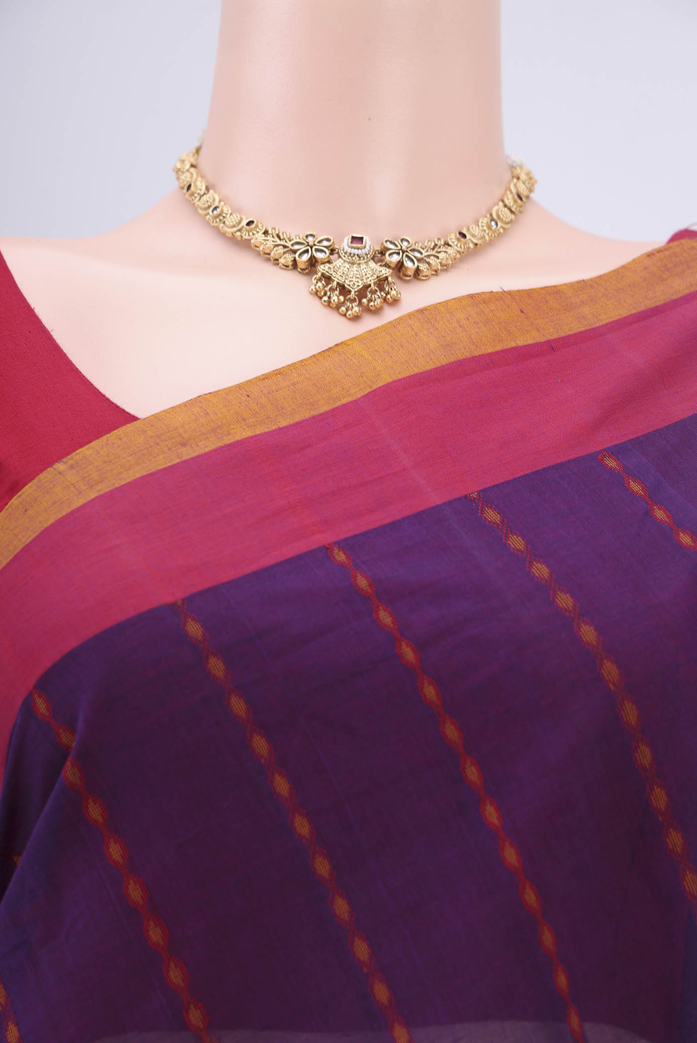 Border image of Purple Coimbatore Cotton Saree with Stripes on the body and Zari Border. 