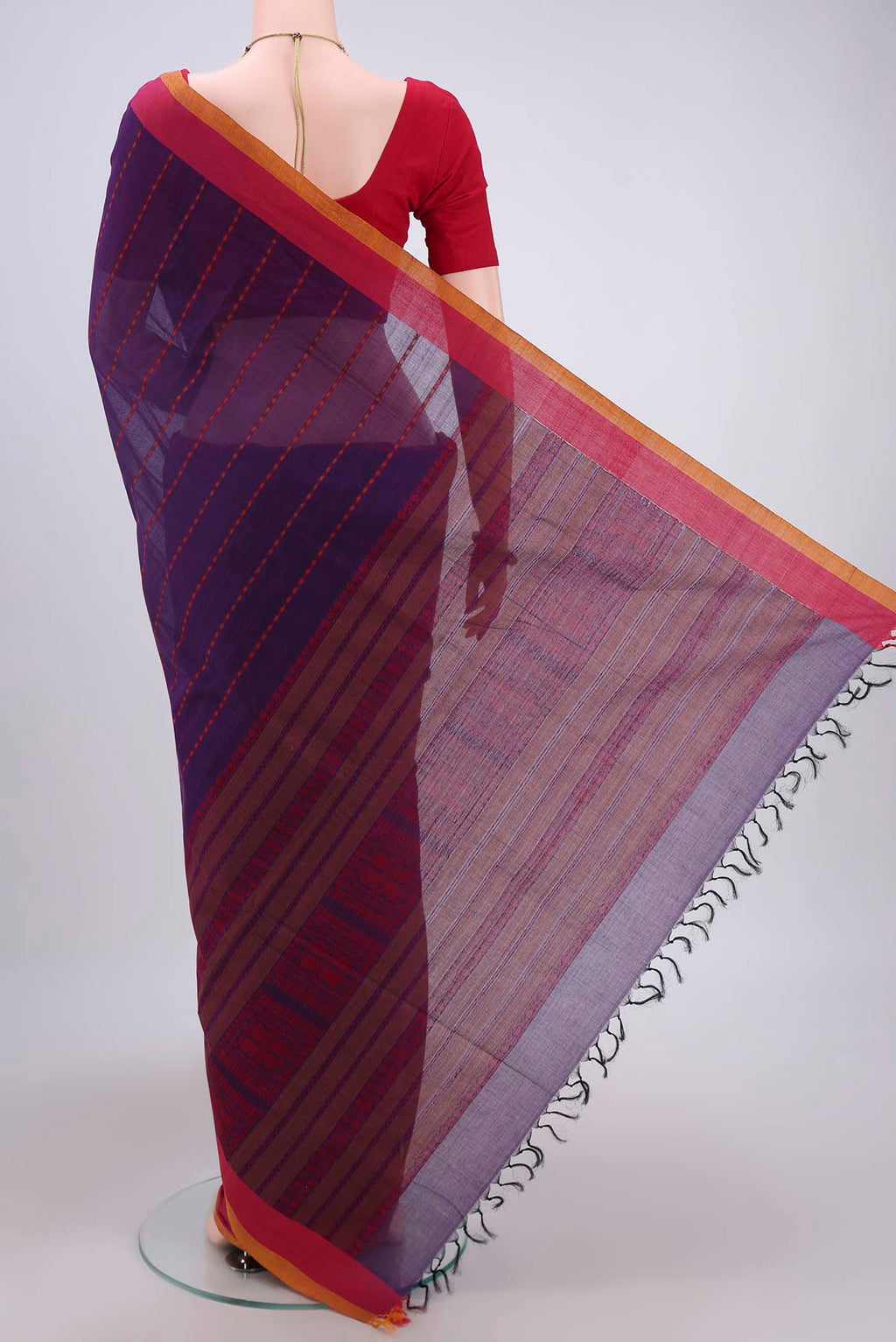 Flat view of Purple Coimbatore Cotton Saree with Stripes on the body and Zari Border. 