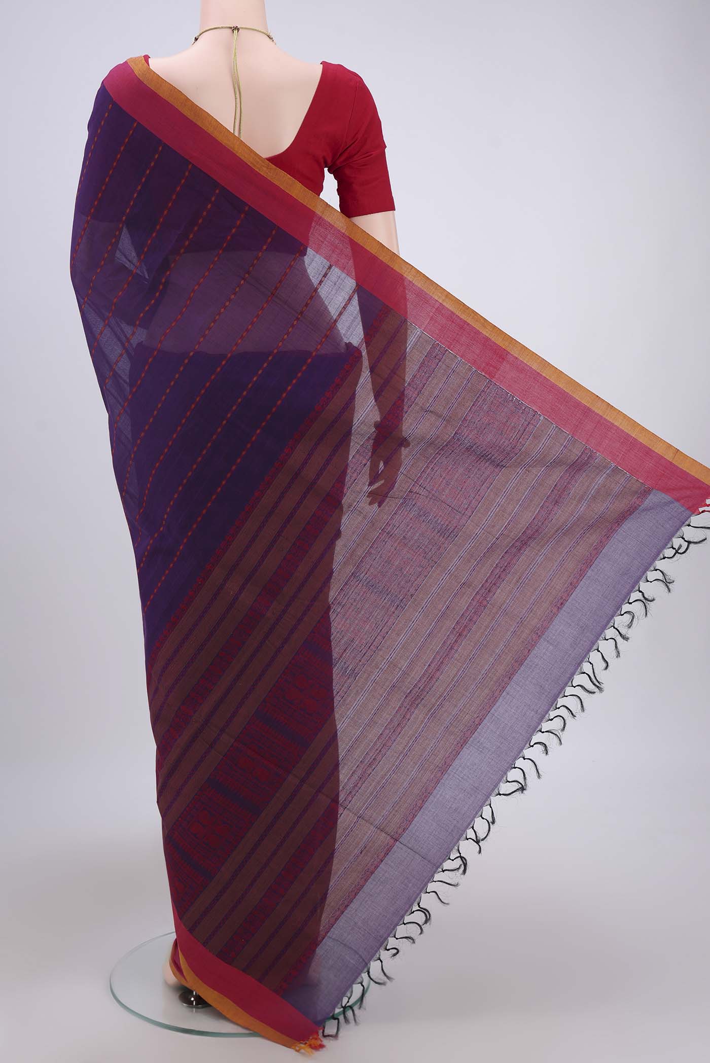 Flat view of Purple Coimbatore Cotton Saree with Stripes on the body and Zari Border. 