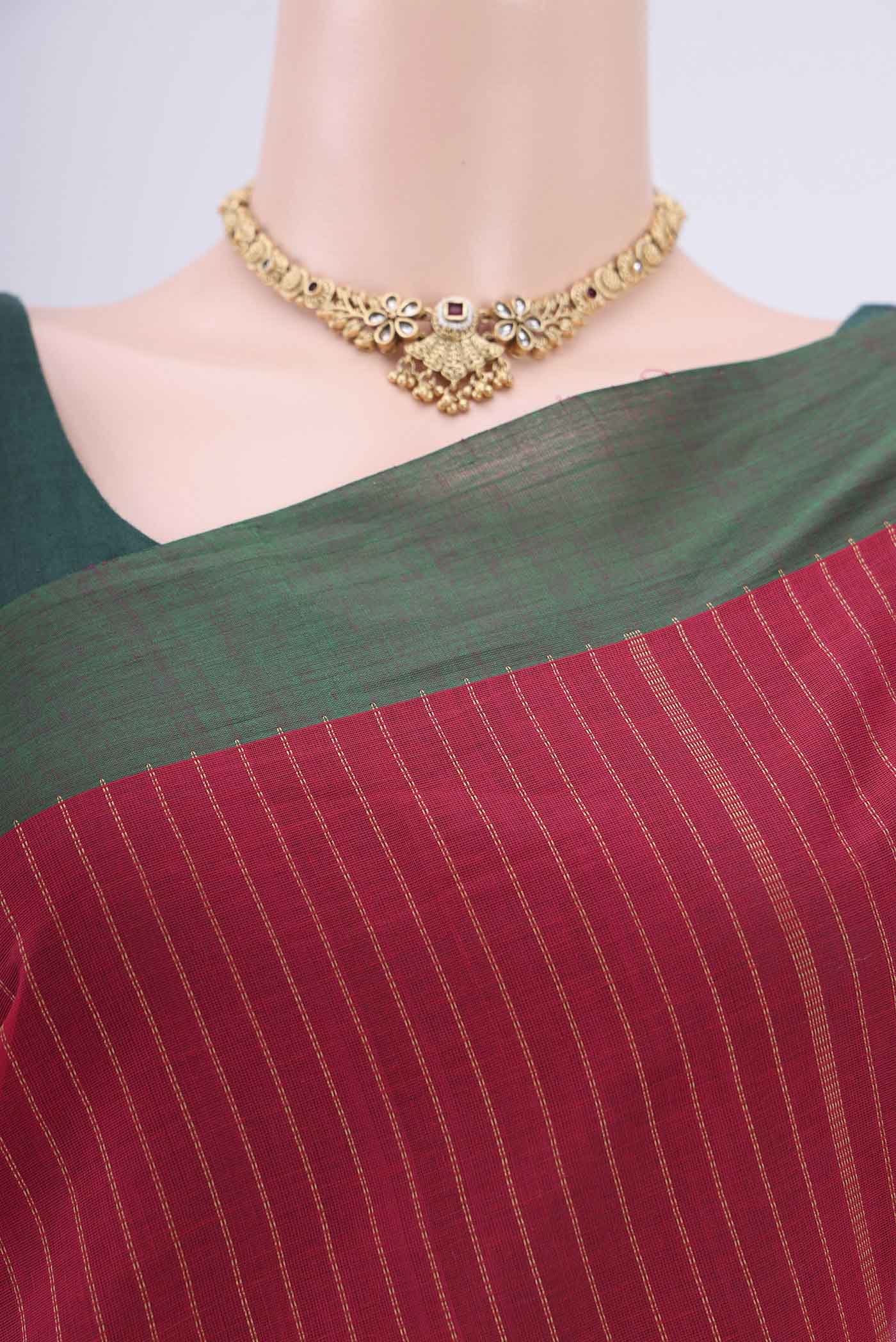 Border image of Dark Pink Coimbatore Cotton Saree with Stripes on the body and Plain Border. 