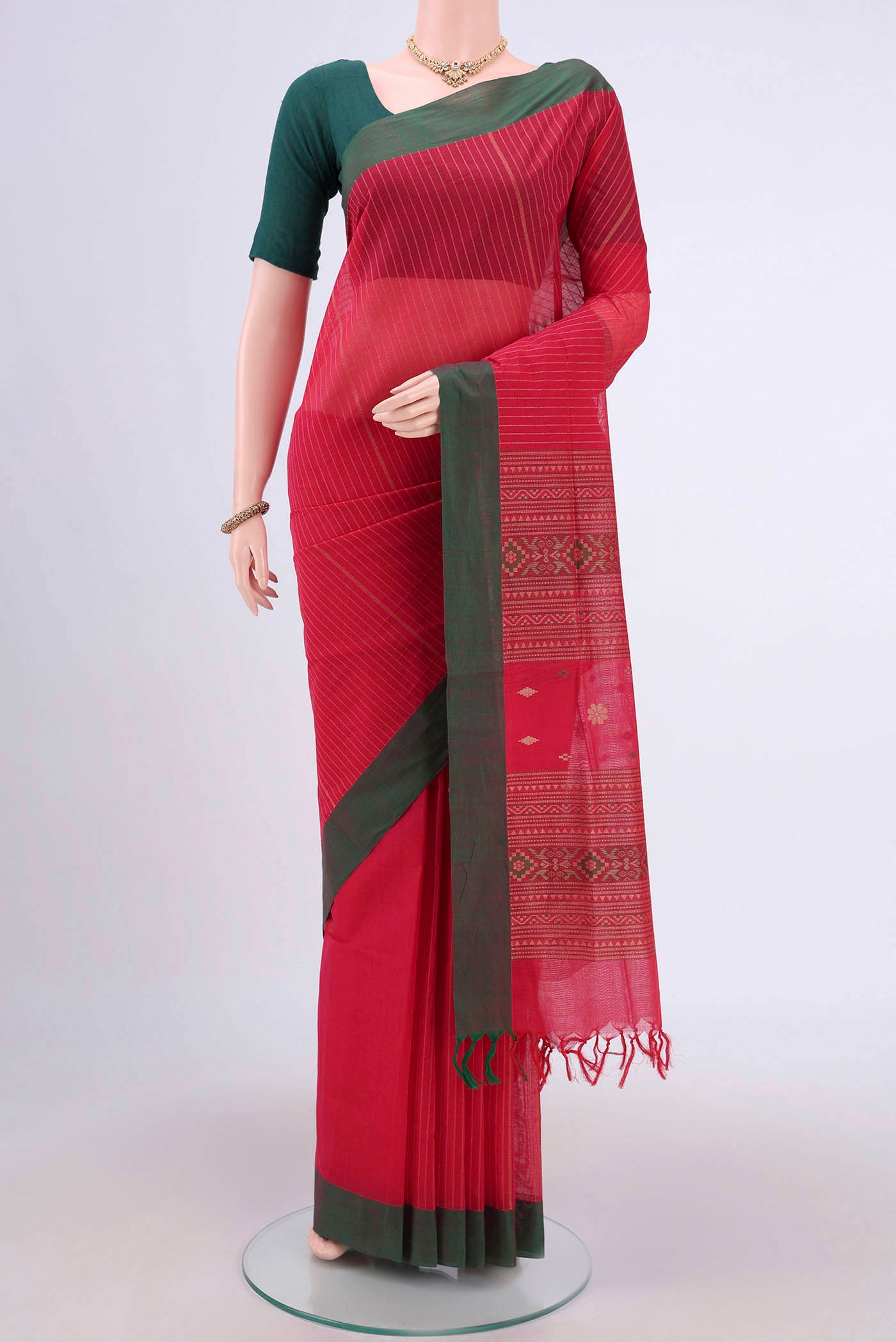 Dark Pink Coimbatore Cotton Saree with Stripes on the body and Plain Border.  displayed on a mannequin