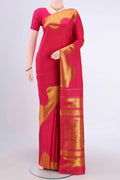 Pure Silk Pure Zari Rani Pink Kanjivaram Saree with Plain Body and Zari Border.  displayed on a mannequin