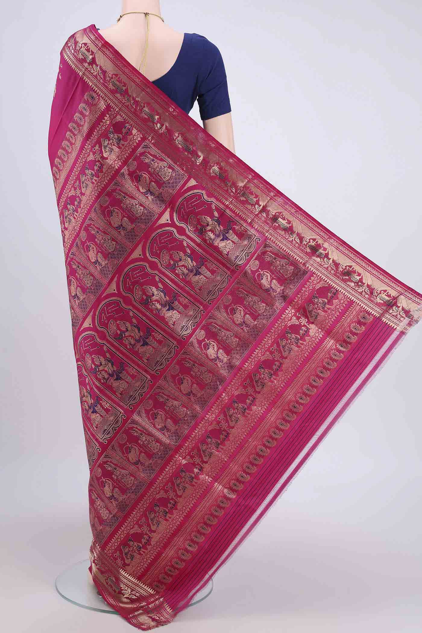 Flat view of Rani Pink Dual Tone Baluchari Silk Saree with Zari Butta on the body and Zari Border. 