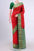 Red Blended Bangalore Silk Saree with Zari Butta on the body and Zari Border.  displayed on a mannequin